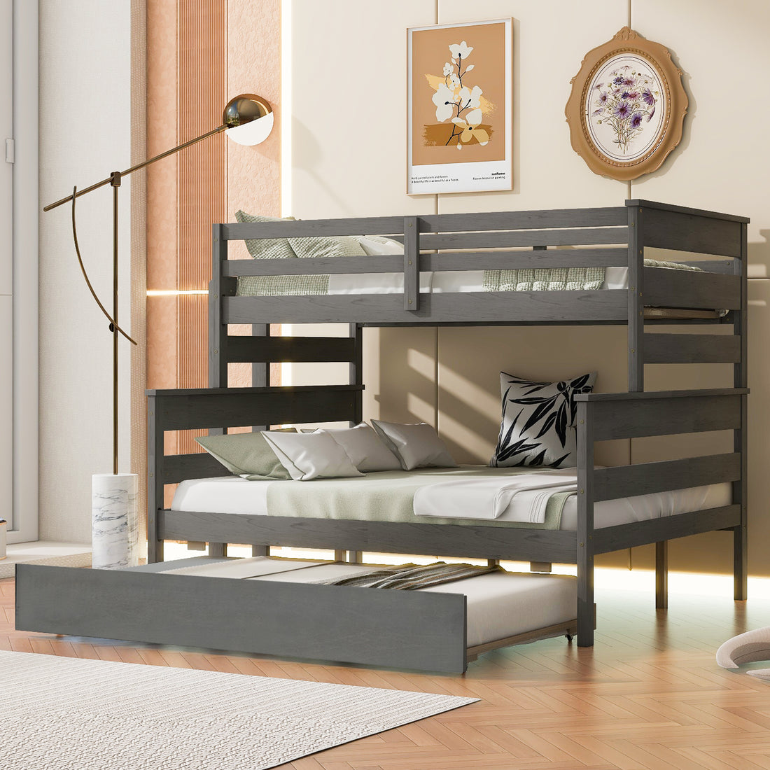 Wood Twin Over Full Bunk Bed With Twin Size Trundle, Gray Box Spring Not Required Gray Wood Bedroom Solid Wood Mdf