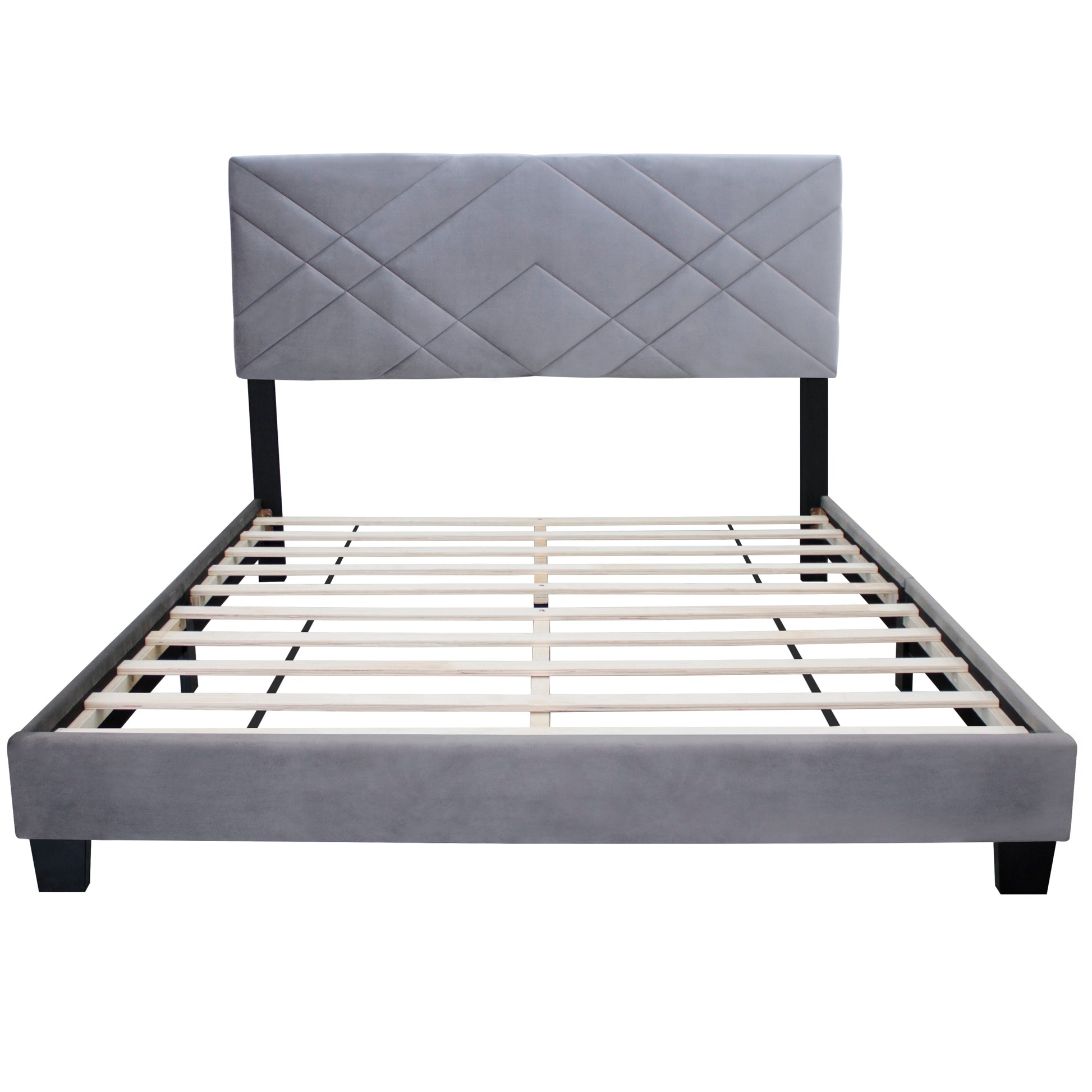 Gray Collection Queen Size Upholstered Headboard Adjustable Bed Frame Velvet Fabric Hot Style Super Popular Series Box Spring Not Required Queen Gray Wood Espresso Bedroom Minimalist,Modern,Shabby Chic,Ultra Modern Rubberwood Adjustable Bedbase Fiber