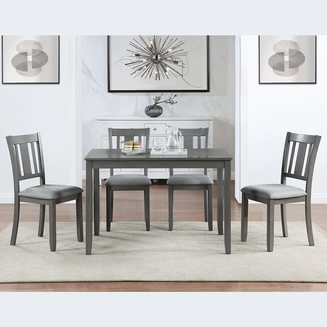 5 Piece Modern Dining Set, Rectangular Wooden Dining Table With 4 Upholstered Chairs For Kitchen, Dining Room, Gray Wood Gray Seats 4 Wood Dining Room Acacia 4 Leg Rectangular Dining Table With Chair Acacia Wood