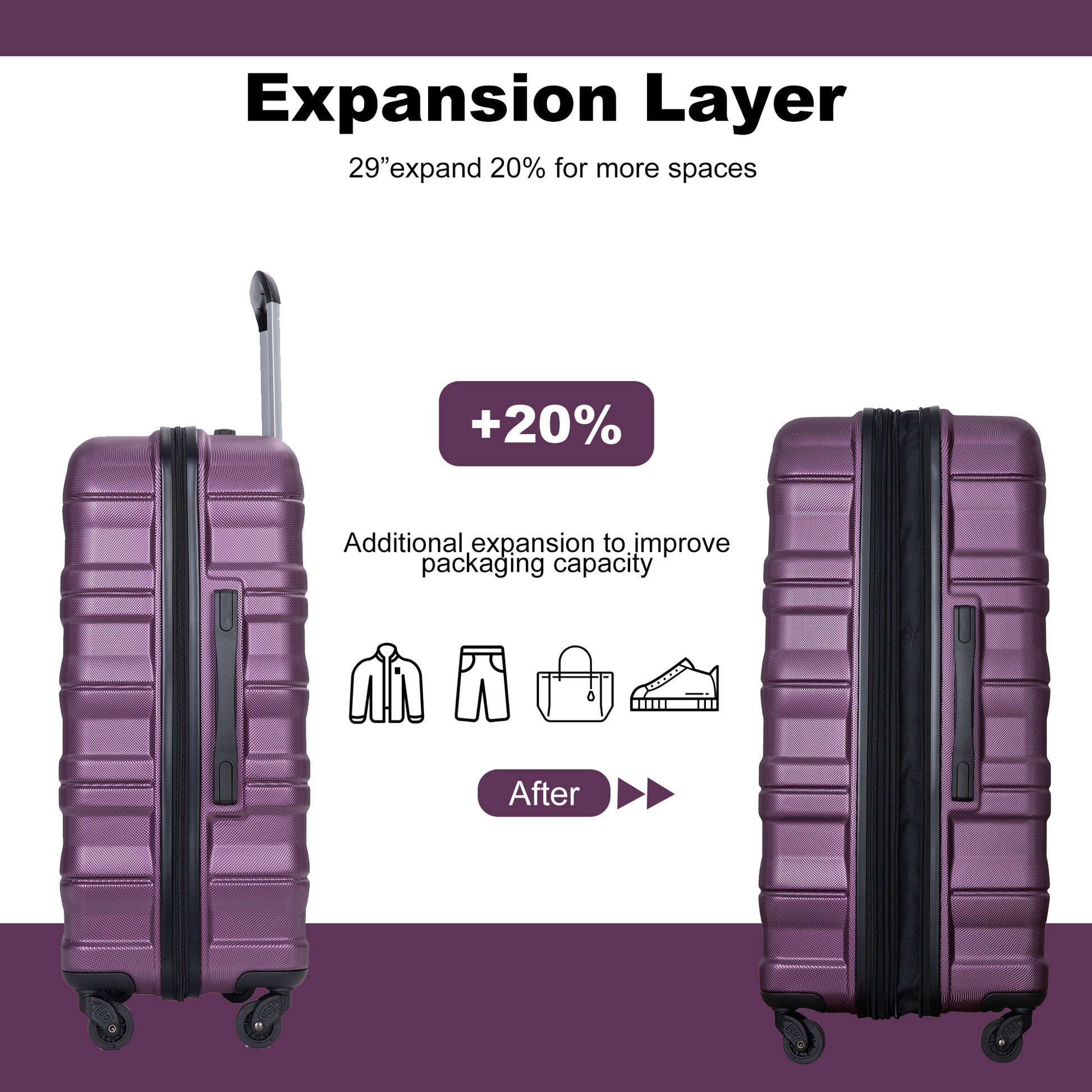 Expandable 3 Piece Luggage Sets Pc Lightweight & Durable Suitcase With Two Hooks, Spinner Wheels, Tsa Lock, 21 25 29 Dark Purple Dark Purple Pc