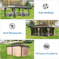 12' X 20' Hardtop Gazebo, Aluminum Metal Gazebo With Galvanized Steel Double Roof Canopy, Curtain And Netting, Permanent Gazebo Pavilion For Party, Wedding, Outdoor Dining, Brown Brown Aluminum