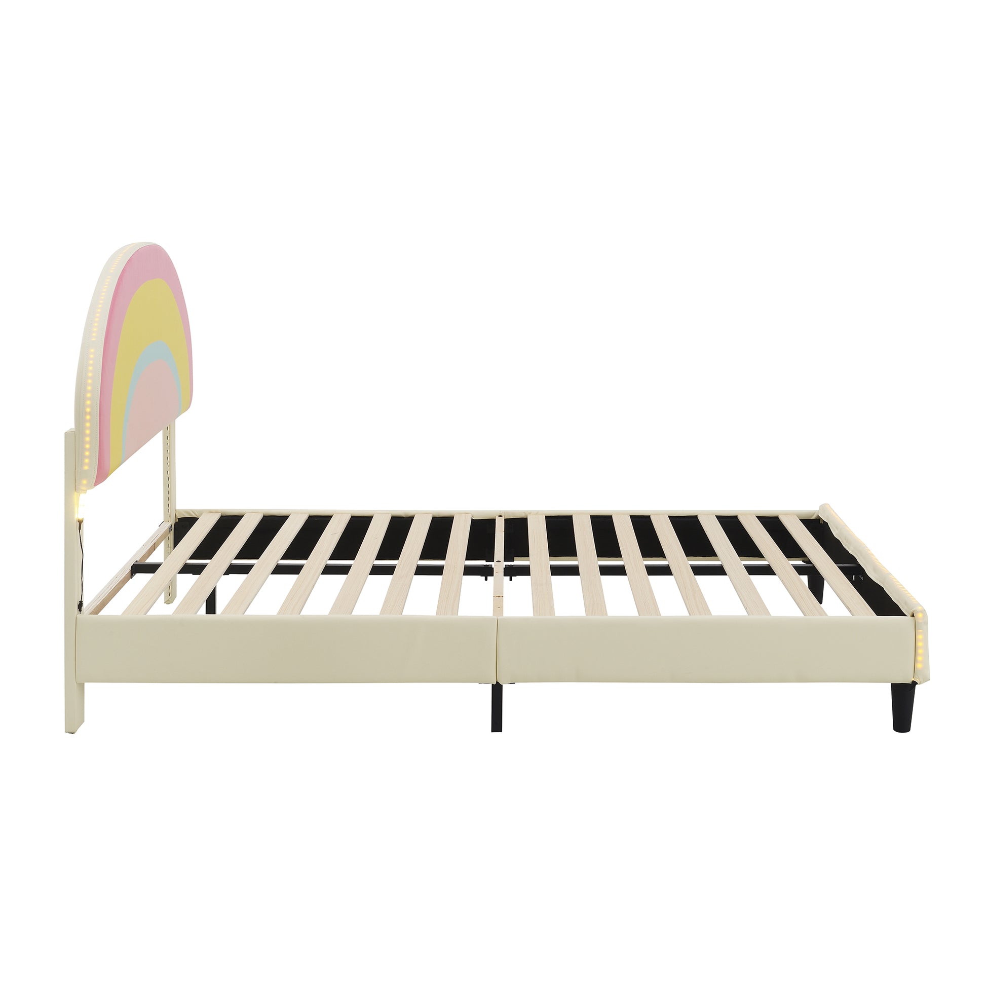 Full Size Upholstered Platform Bed With Rainbow Shaped And Height Adjustbale Headboard,Led Light Strips,Beige Beige Upholstered