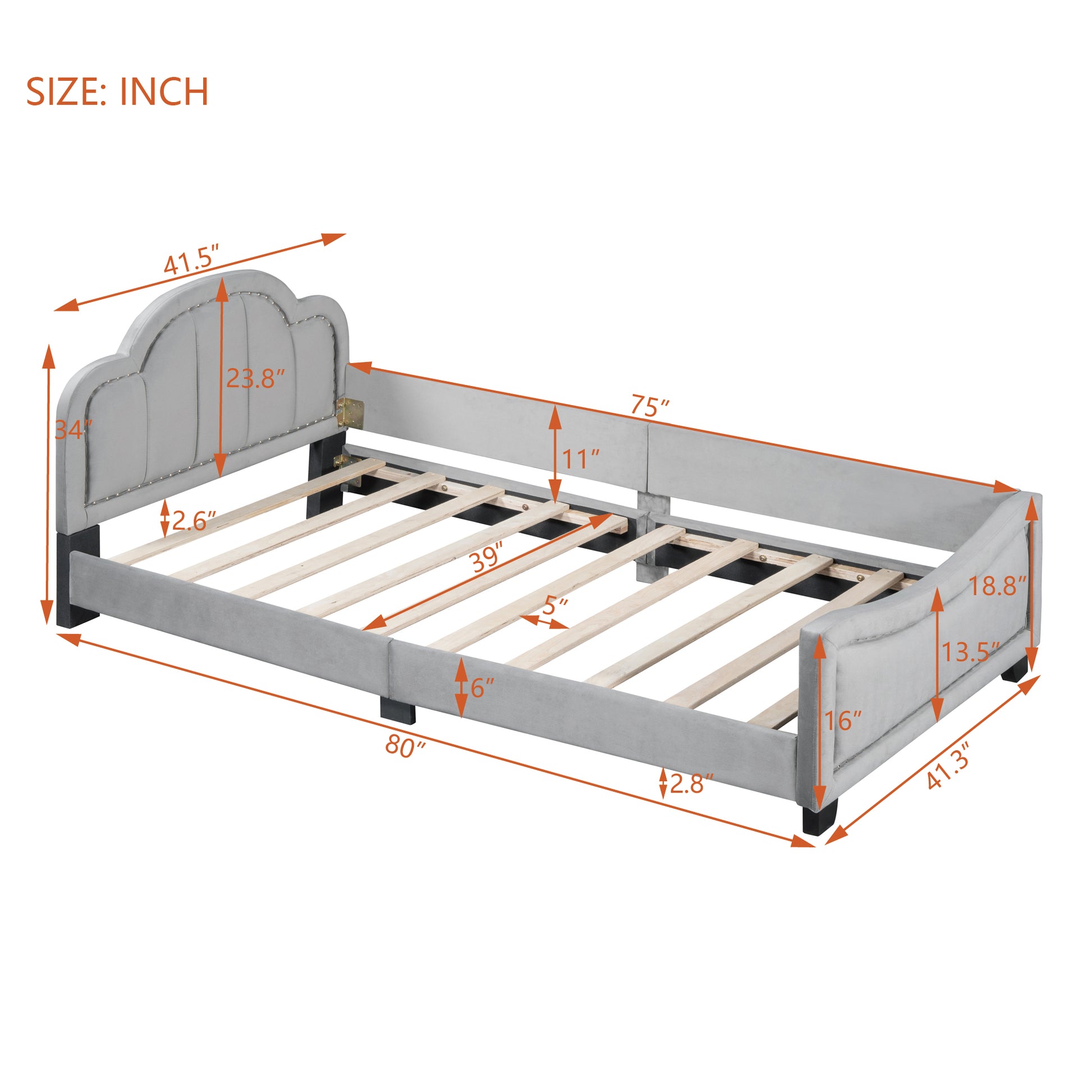 Twin Size Upholstered Daybed With Cloud Shaped Headboard, Embedded Elegant Copper Nail Design, Gray Gray Velvet