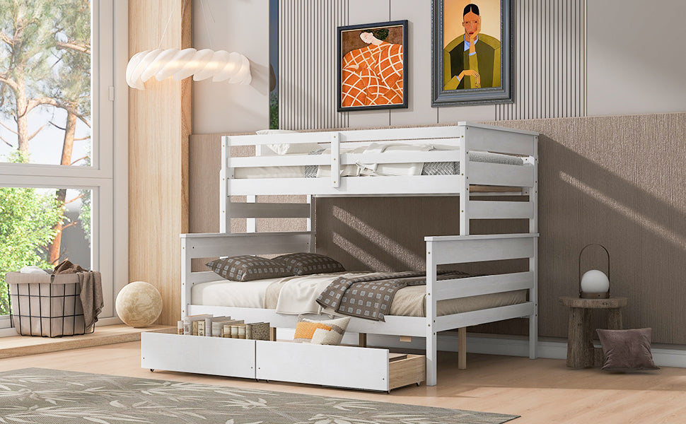 Wood Twin Over Full Bunk Bed With 2 Drawers, White Box Spring Not Required White Wood Bedroom Bunk Solid Wood Mdf