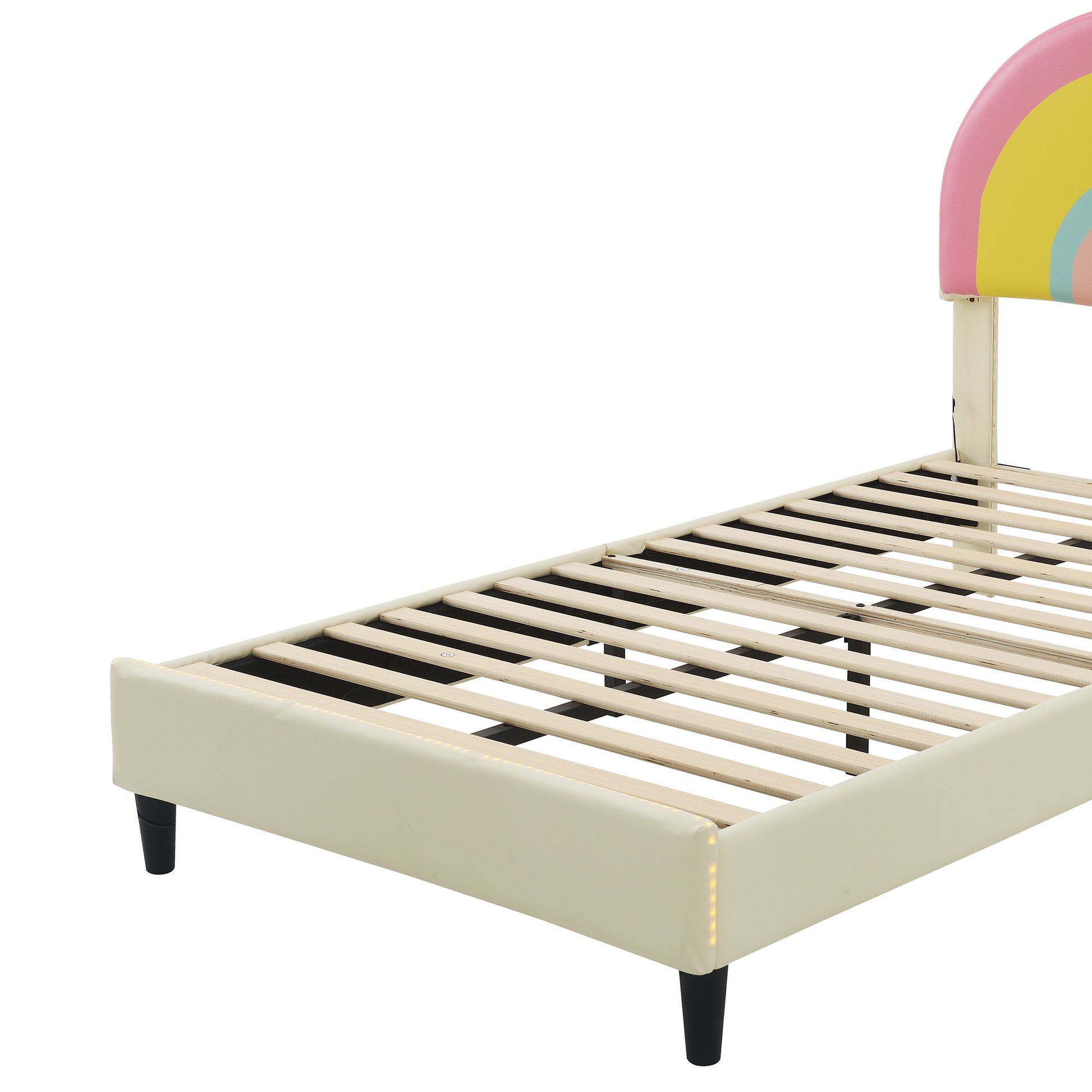 Twin Size Upholstered Platform Bed With Rainbow Shaped And Height Adjustbale Headboard,Led Light Strips,Beige Beige Upholstered