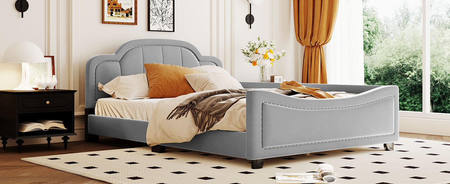 Full Size Upholstered Daybed With Cloud Shaped Headboard, Embedded Elegant Copper Nail Design, Gray Gray Velvet