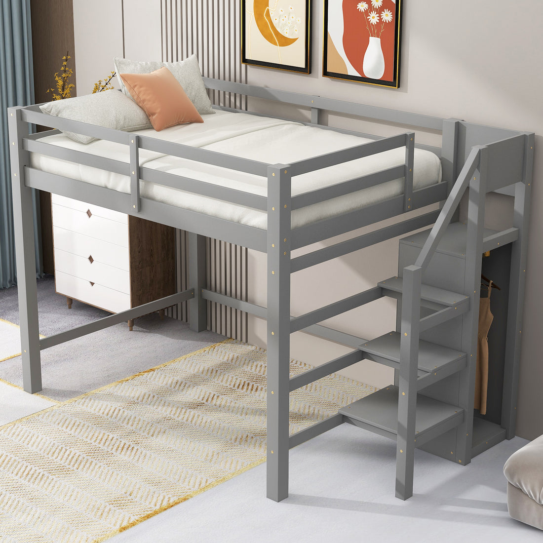 Full Size Loft Bed With Built In Storage Wardrobe And Staircase, Gray Box Spring Not Required Full Gray Wood Bedroom Pine