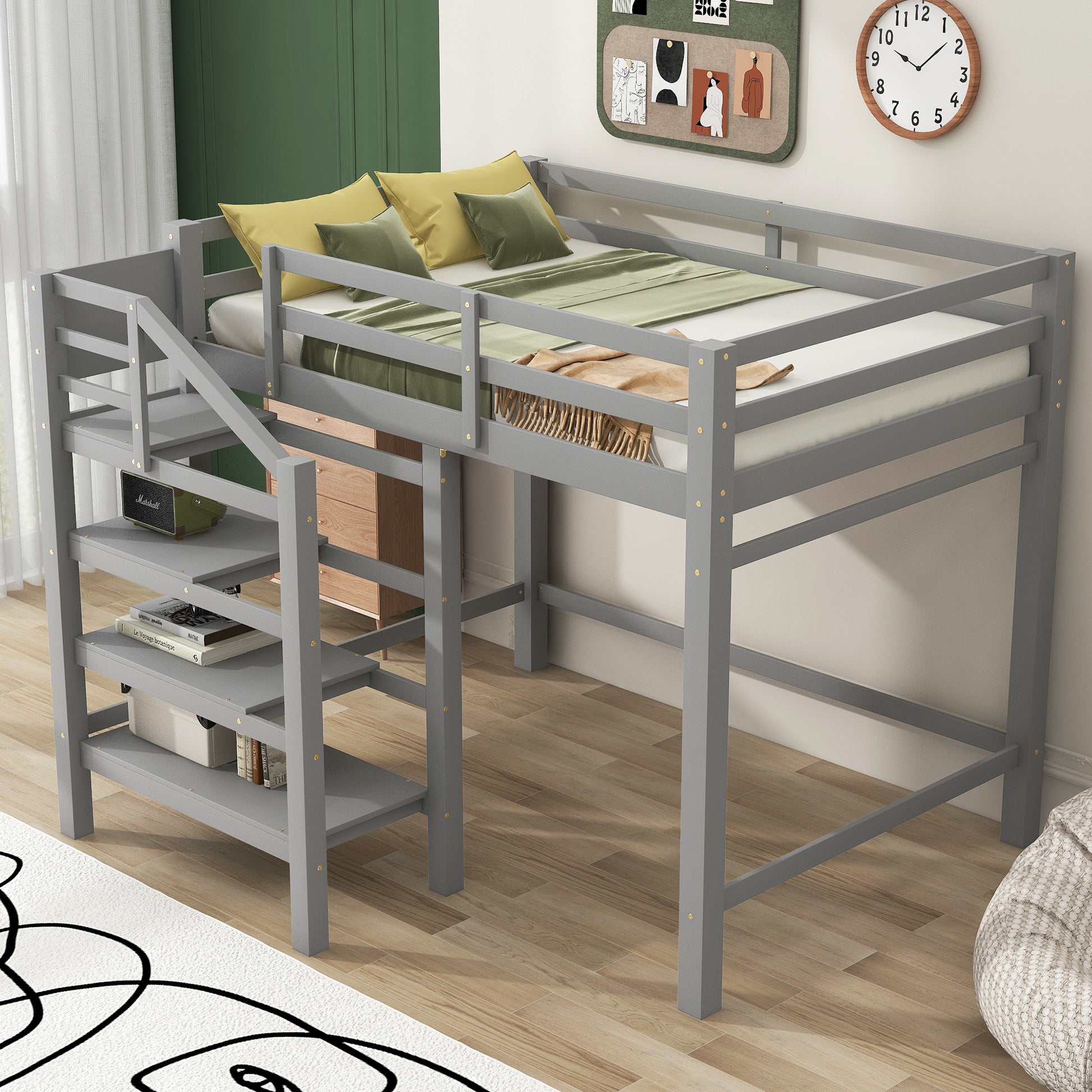 Full Size Loft Bed With Built In Storage Staircase And Hanger For Clothes, Gray Box Spring Not Required Full Gray Wood Bedroom Pine