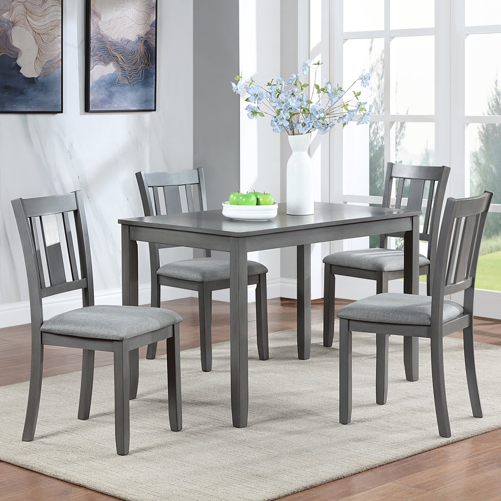 5 Piece Modern Dining Set, Rectangular Wooden Dining Table With 4 Upholstered Chairs For Kitchen, Dining Room, Gray Wood Gray Seats 4 Wood Dining Room Acacia 4 Leg Rectangular Dining Table With Chair Acacia Wood