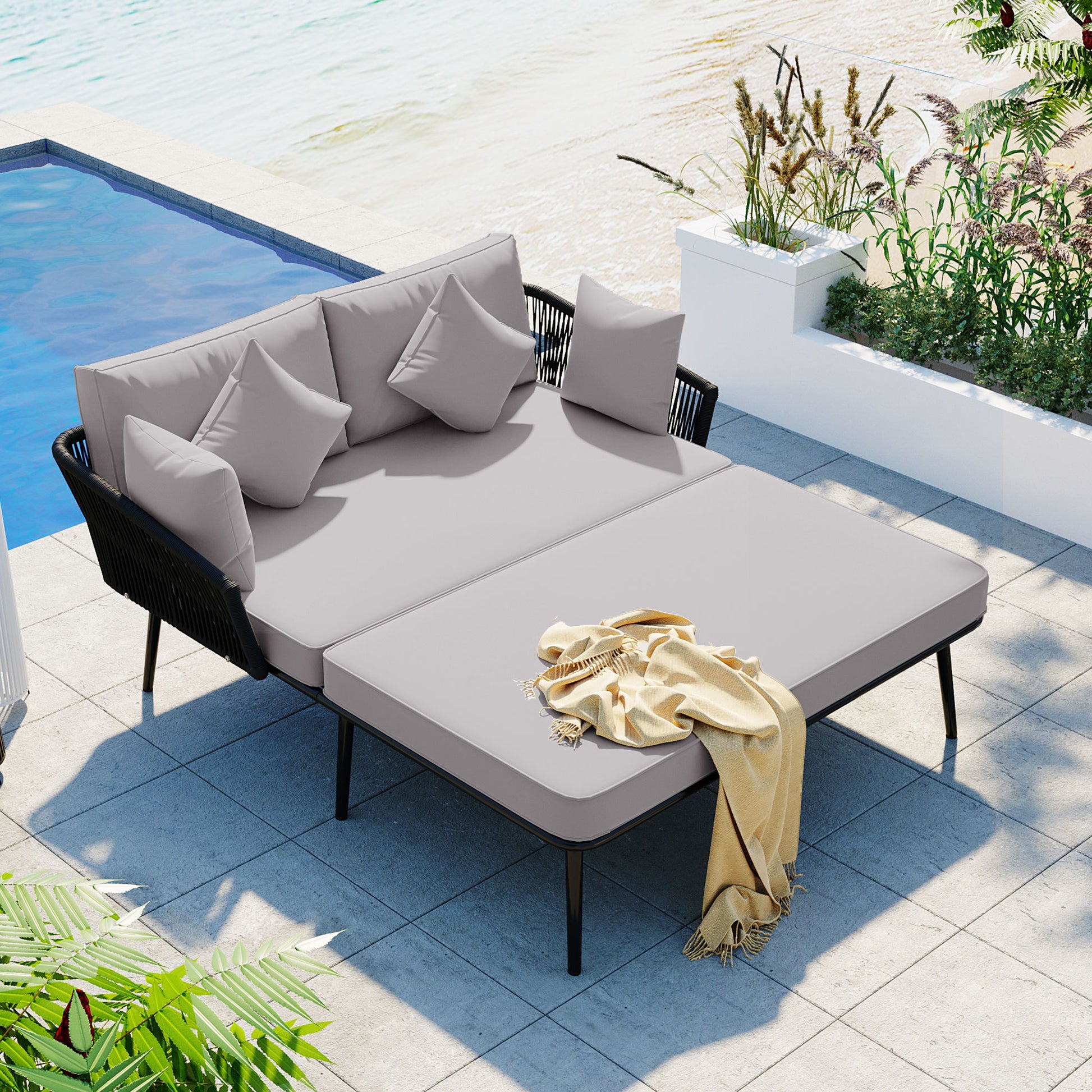 Outdoor Patio Daybed, Woven Nylon Rope Backrest With Washable Cushions For Balcony, Poolside, Set For 2 Person, Gray Yes Complete Patio Set Black Gray Weather Resistant Frame Stain Resistant Cushions Garden & Outdoor Casual Complete Patio Sets Foam Pvc