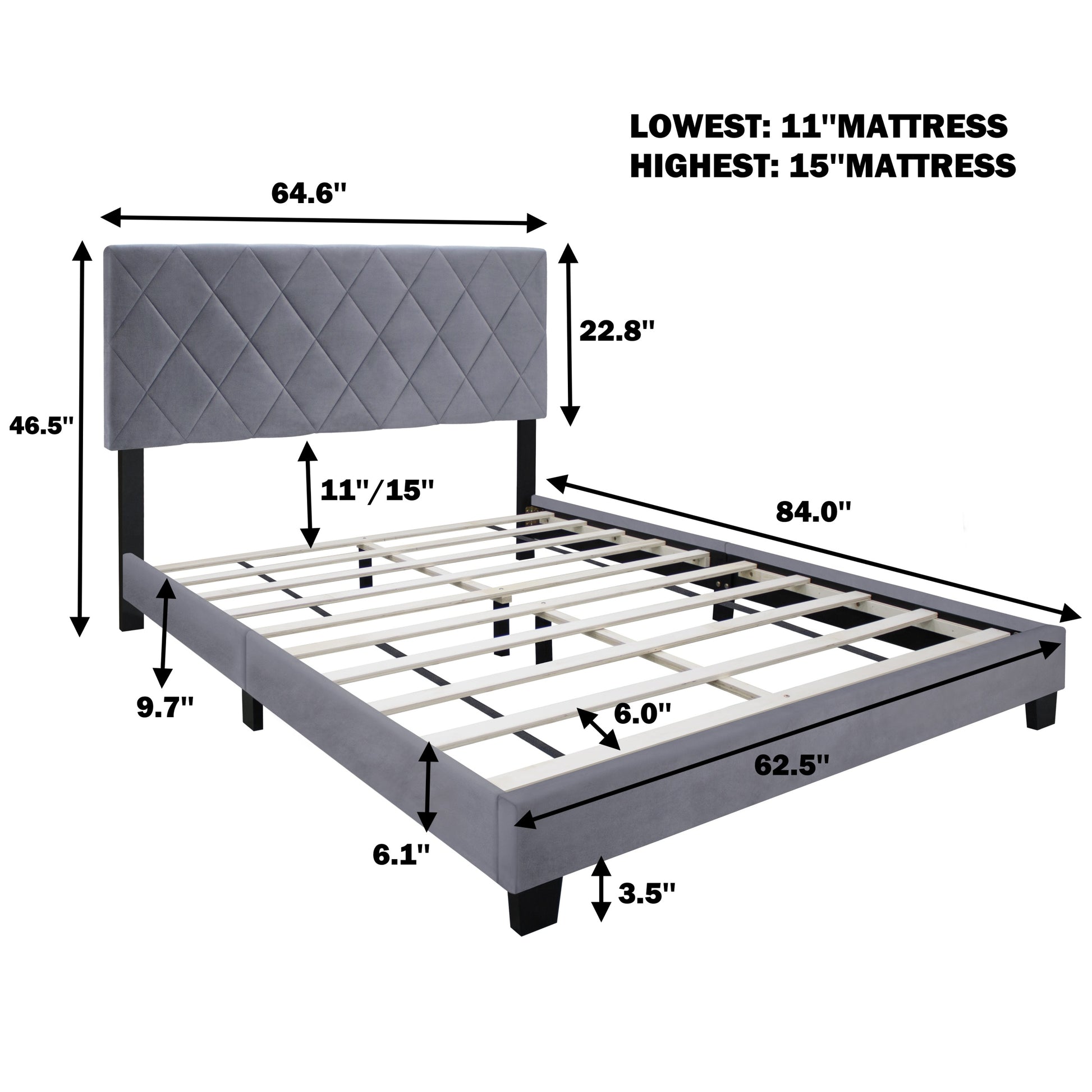 Gray Collection Queen Size Upholstered Headboard Adjustable Bed Frame Velvet Fabric Hot Style Super Popular Series Box Spring Not Required Queen Gray Wood Espresso Bedroom Minimalist,Modern,Shabby Chic,Ultra Modern Rubberwood Adjustable Bedbase Fiber