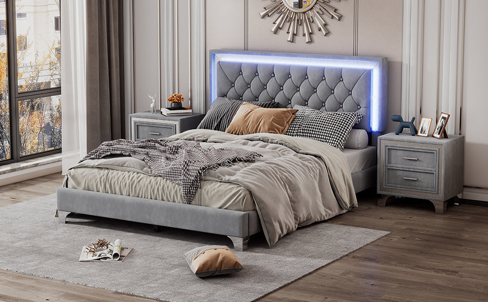 Queen Size Upholstered Bed Frame With Led Lights,Modern Velvet Platform Bed With Tufted Headboard,Gray Gray Velvet