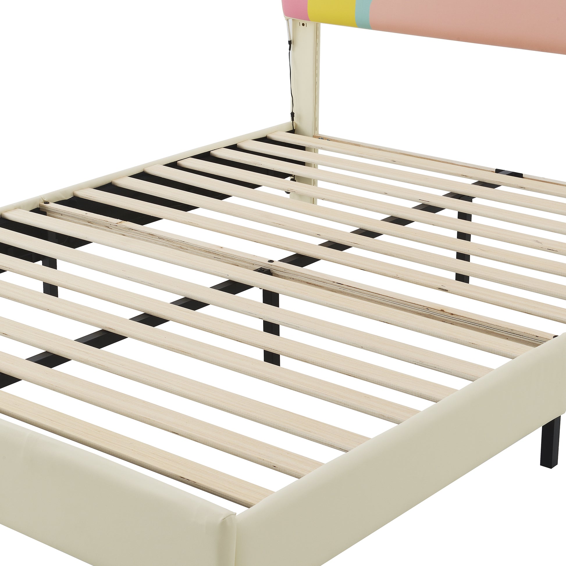 Full Size Upholstered Platform Bed With Rainbow Shaped And Height Adjustbale Headboard,Led Light Strips,Beige Beige Upholstered