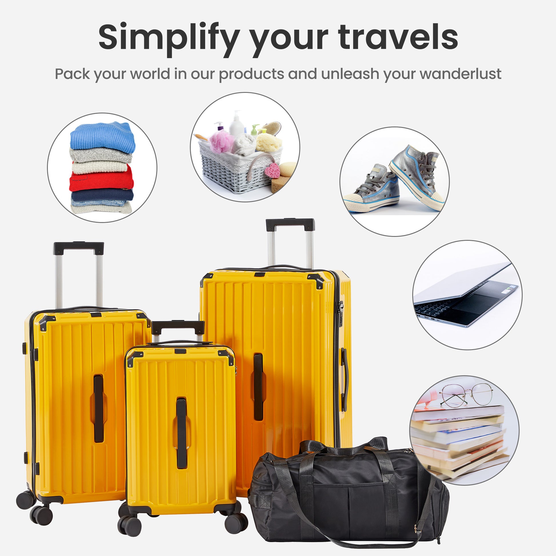 Luggage Set 4 Pcs 20" 24" 29" Travel Bag , Pc Abs Durable Lightweight Luggage With Collapsible Cup Holder, 360 Silent Spinner Wheels, Tsa Lock, Yellow Yellow Abs Pc