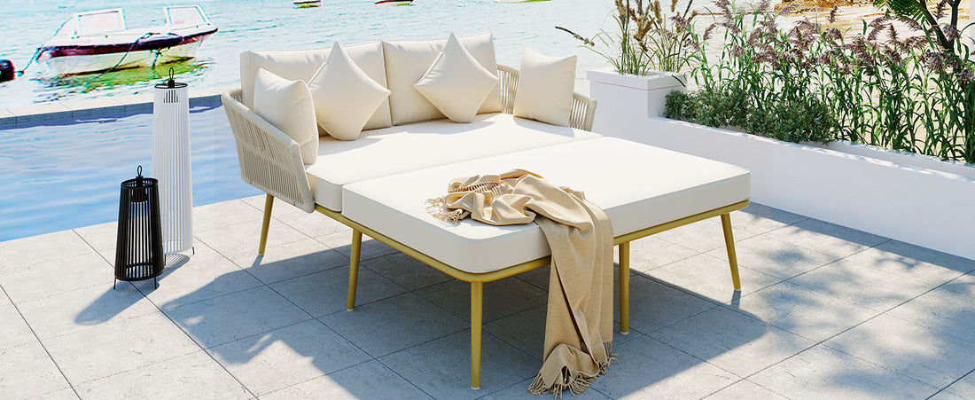 Outdoor Patio Daybed, Woven Nylon Rope Backrest With Washable Cushions For Balcony, Poolside, Set For 2 Person, Beige Yes Complete Patio Set Beige Gold Weather Resistant Frame Stain Resistant Cushions Garden & Outdoor Casual Complete Patio Sets Foam Pvc