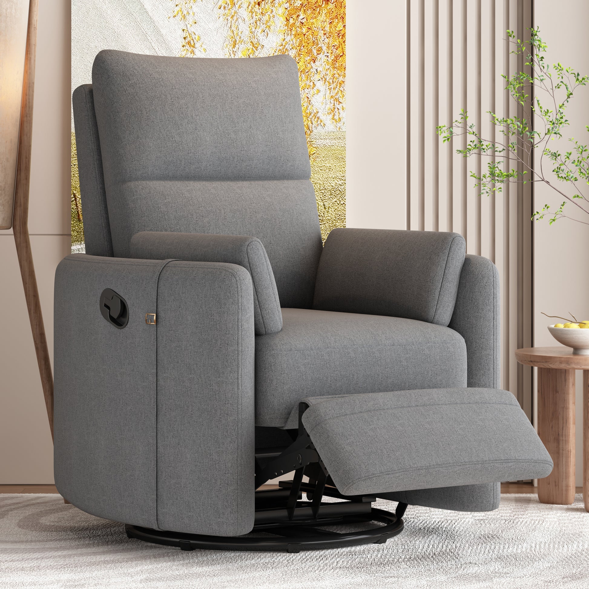 Upholstered Swivel Recliner Manual Rocker Recliner Chair Baby Nursery Chair With Two Removable Pillows For Living Room, Dark Grey Dark Grey Foam Linen