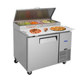 Orikool 44 In Commercial Pizza Prep Table With A Built In Refrigerator 11 Cu.Ft, Butcher Block Cutting Board, Protection Lid, Cold Storage, And Smooth Rolling Casters, Etl Certified Silver Stainless Steel