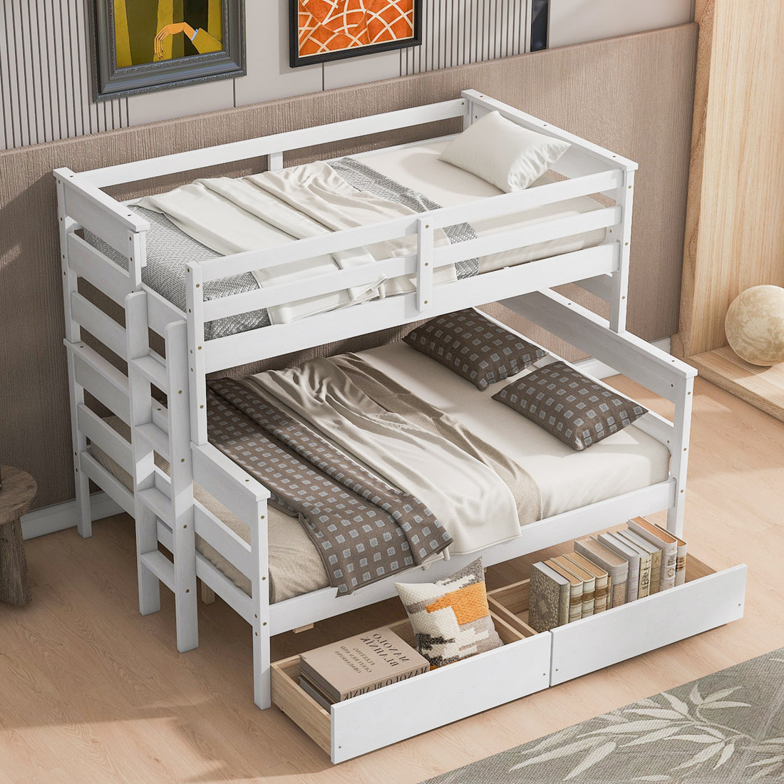 Wood Twin Over Full Bunk Bed With 2 Drawers, White Box Spring Not Required White Wood Bedroom Bunk Solid Wood Mdf