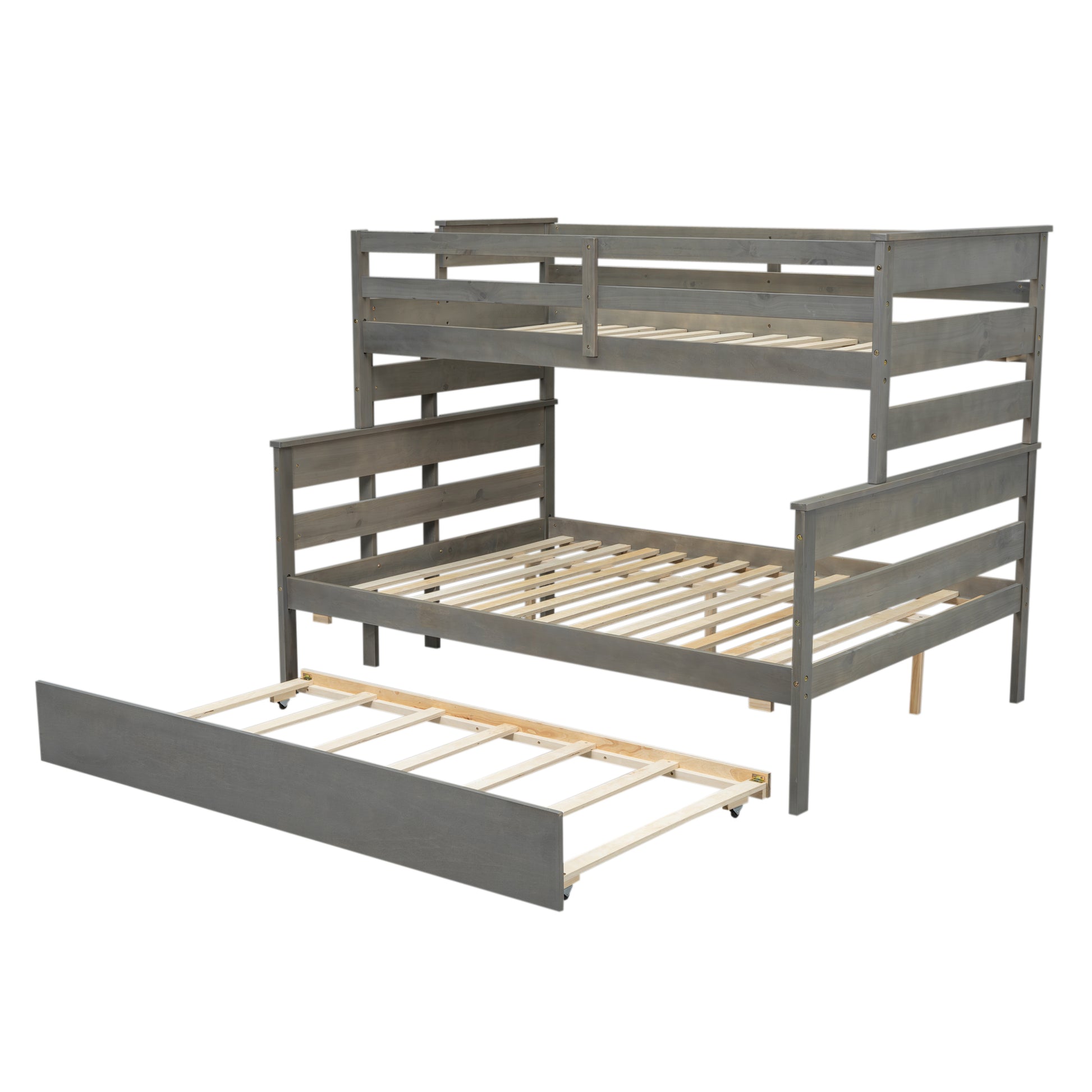 Wood Twin Over Full Bunk Bed With Twin Size Trundle, Gray Box Spring Not Required Gray Wood Bedroom Solid Wood Mdf