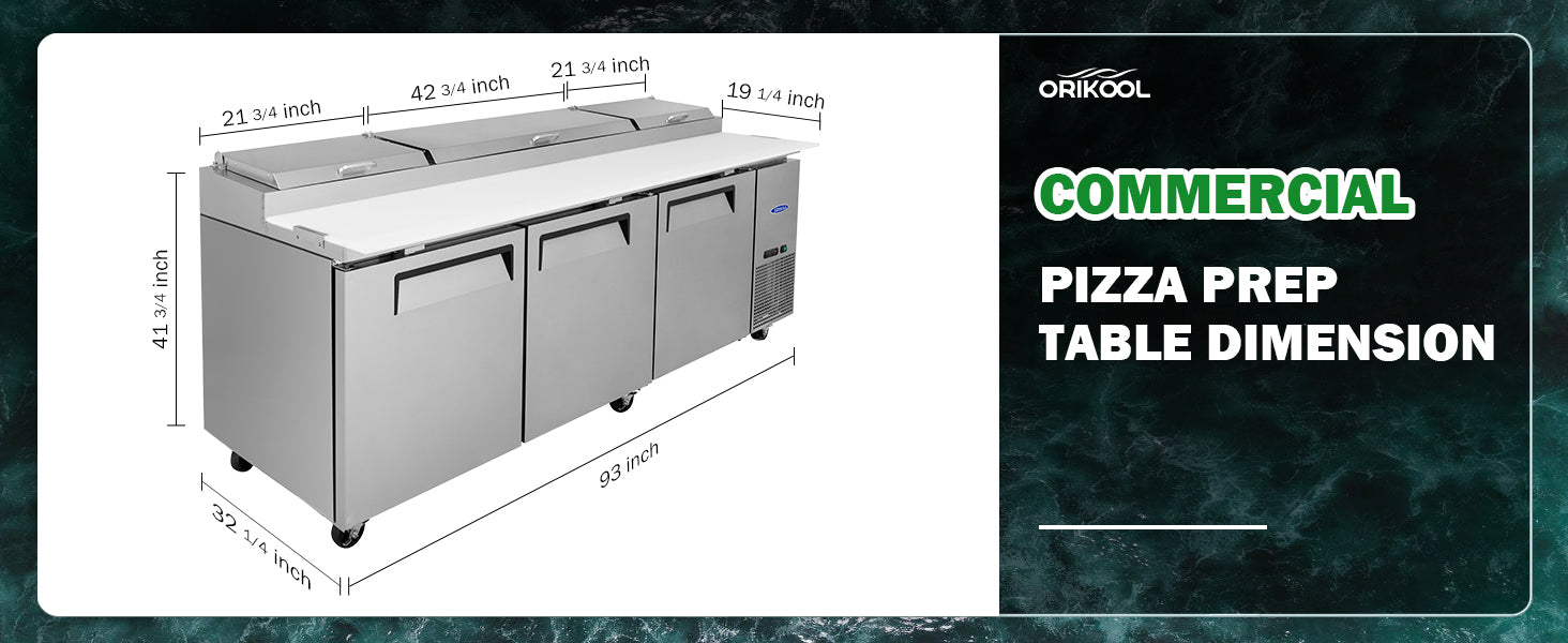 Orikool 93 In Commercial Pizza Prep Table With A Built In Refrigerator 30.8 Cu.Ft, Butcher Block Cutting Board, Protection Lid, Cold Storage, And Smooth Rolling Casters, Etl Certified Silver Stainless Steel