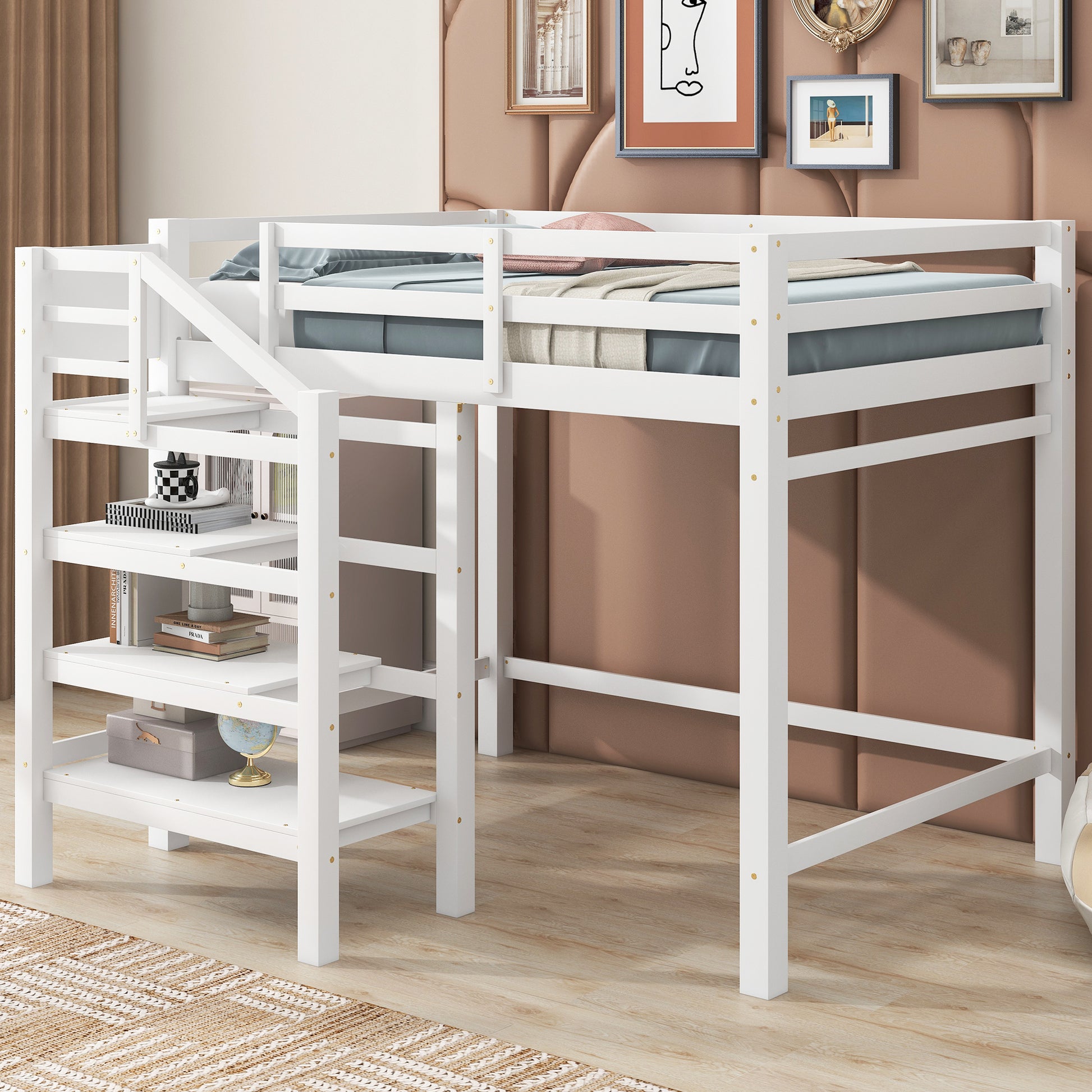 Full Size Loft Bed With Built In Storage Staircase And Hanger For Clothes, White Box Spring Not Required Full White Wood Bedroom Pine
