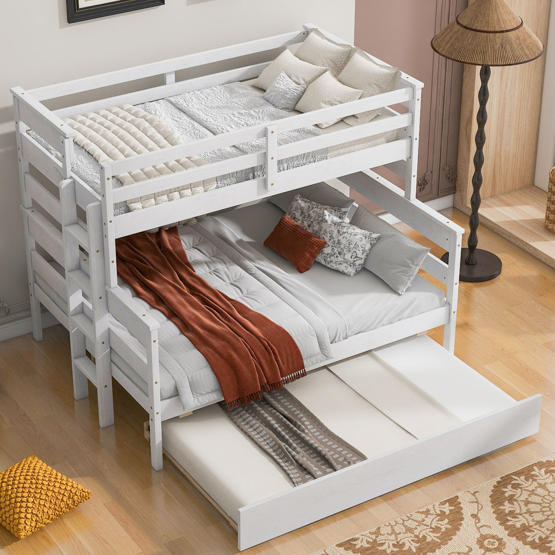 Wood Twin Over Full Bunk Bed With Twin Size Trundle, White Box Spring Not Required White Wood Bedroom Solid Wood Mdf