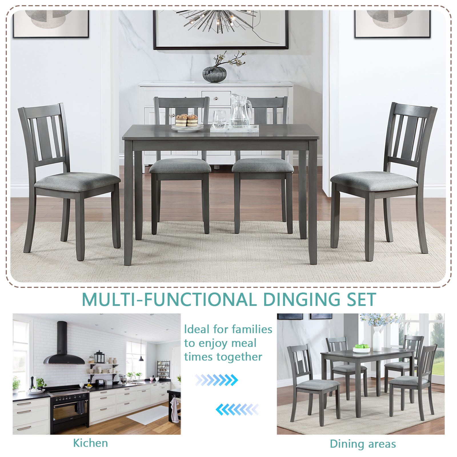 5 Piece Modern Dining Set, Rectangular Wooden Dining Table With 4 Upholstered Chairs For Kitchen, Dining Room, Gray Wood Gray Seats 4 Wood Dining Room Acacia 4 Leg Rectangular Dining Table With Chair Acacia Wood