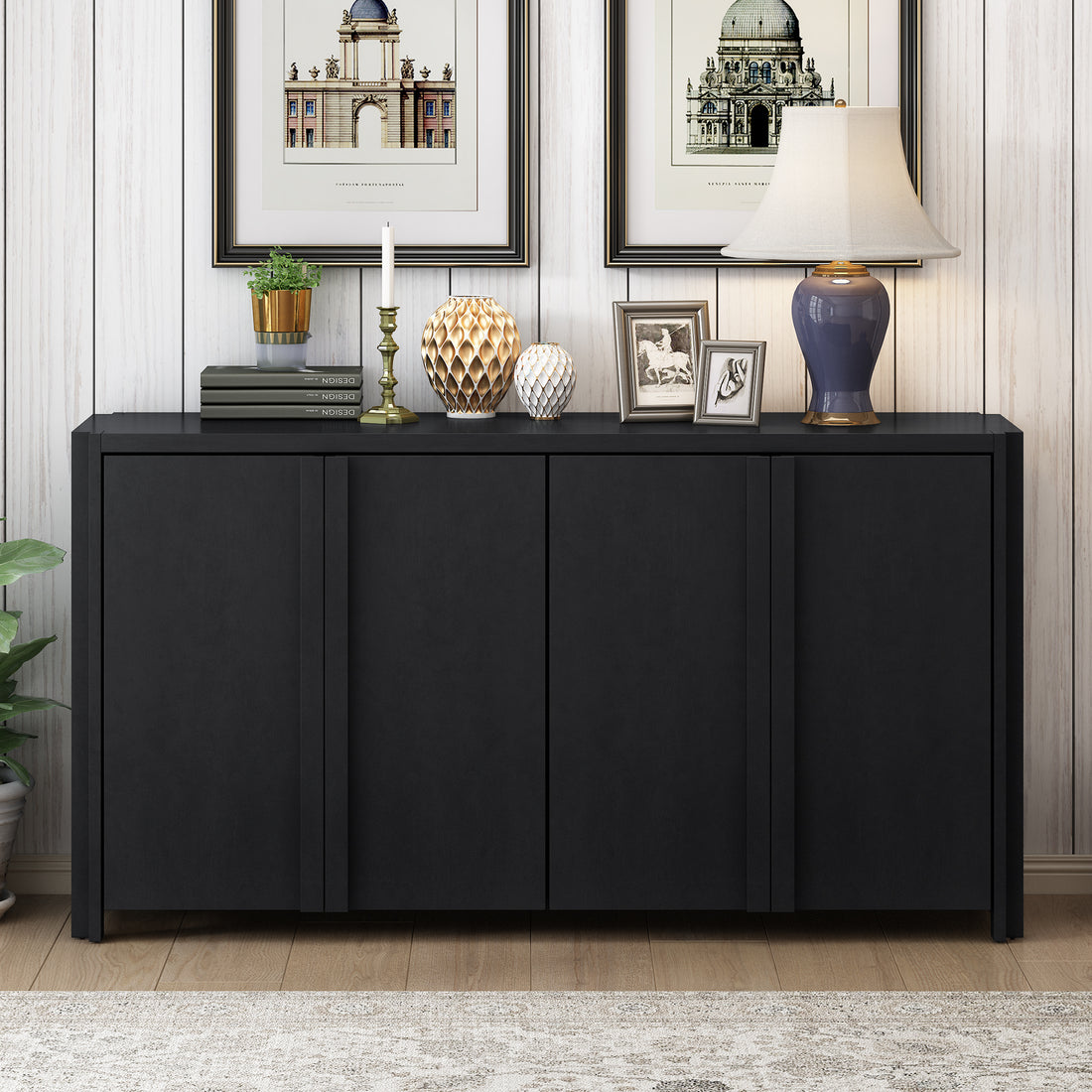 Designed Storage Cabinet Sideboard With 4 Doorsadjustable Shelves, Suitable For Living Rooms, Entrance And Study Rooms. Black Mdf Acacia