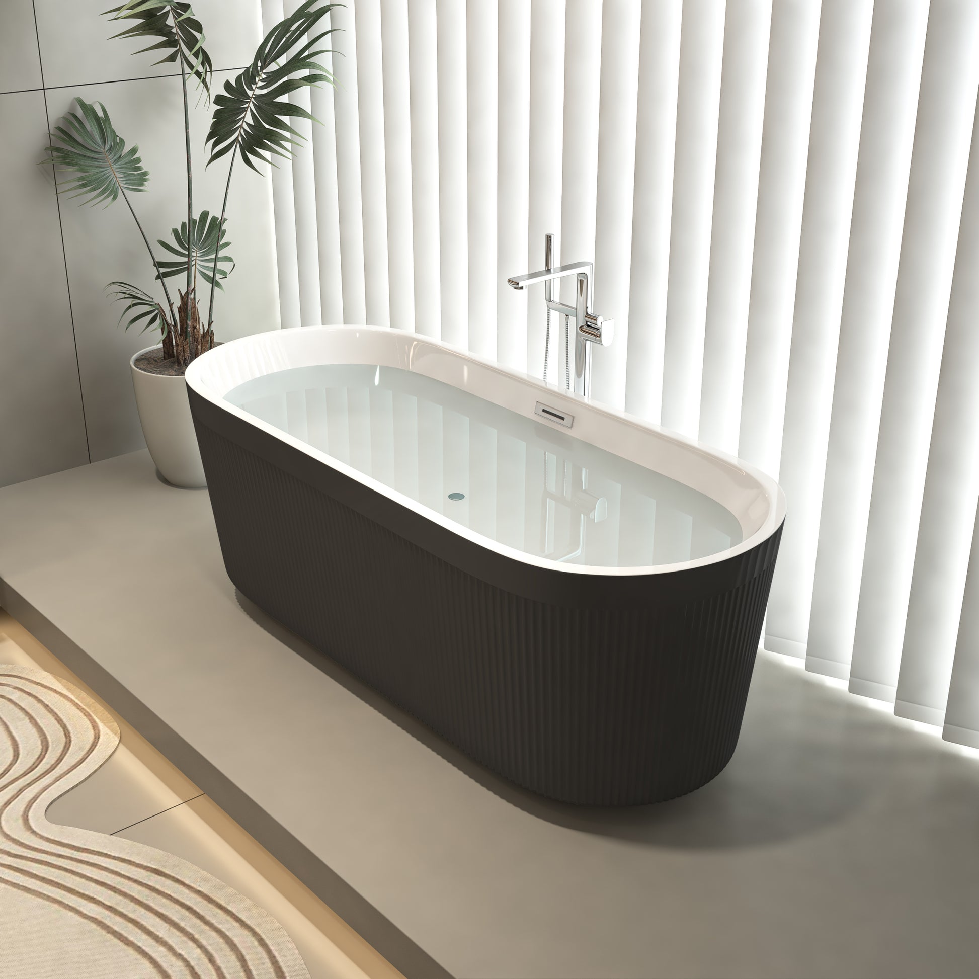 59" Acrylic Freestanding Bathtub With Unique Pleated Design: Spacious Oval Shape, Gloss Black Finish, Chrome Overflow & Pop Up Drain Black Oval Bathroom Freestanding Tubs Polished 59 61 In Contemporary Soaking Center Acrylic Acrylic