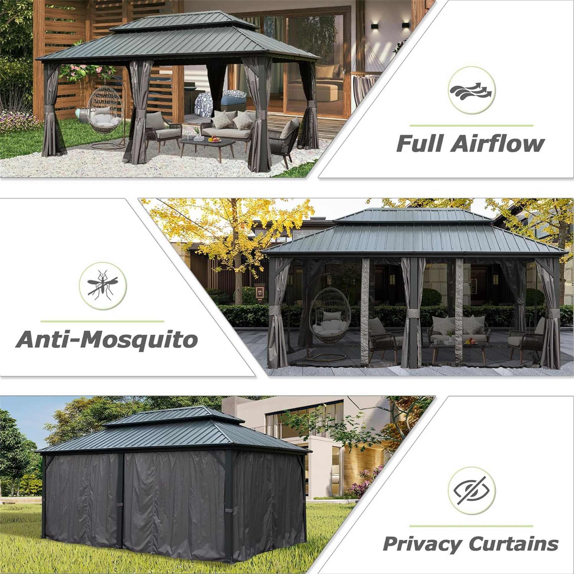 12' X 18' Hardtop Gazebo, Aluminum Metal Gazebo With Galvanized Steel Double Roof Canopy, Curtain And Netting, Permanent Gazebo Pavilion For Patio, Backyard, Deck, Lawn Gray Aluminum