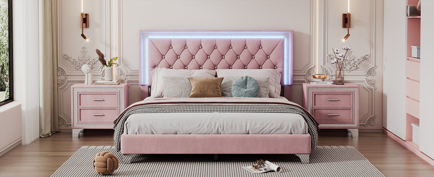 3 Pieces Bedroom Sets,Queen Size Upholstered Platform Bed With Led Lights And Two Nightstands Pink Queen Pink 3 Piece Set Velvet