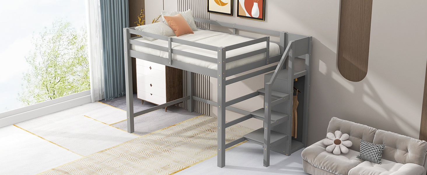 Full Size Loft Bed With Built In Storage Wardrobe And Staircase, Gray Box Spring Not Required Full Gray Wood Bedroom Pine