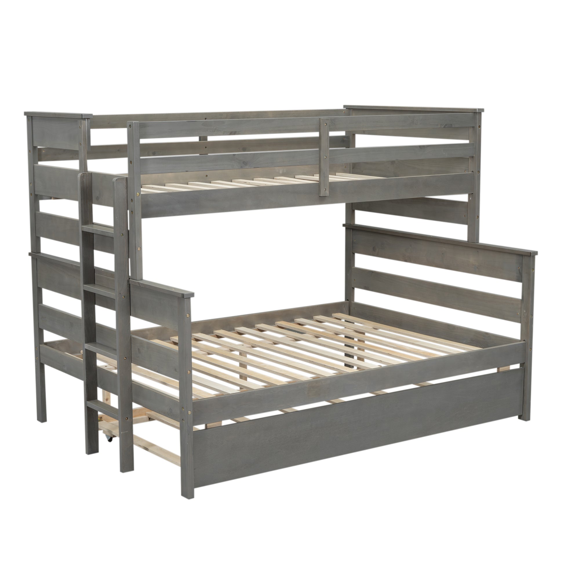 Wood Twin Over Full Bunk Bed With Twin Size Trundle, Gray Box Spring Not Required Gray Wood Bedroom Solid Wood Mdf