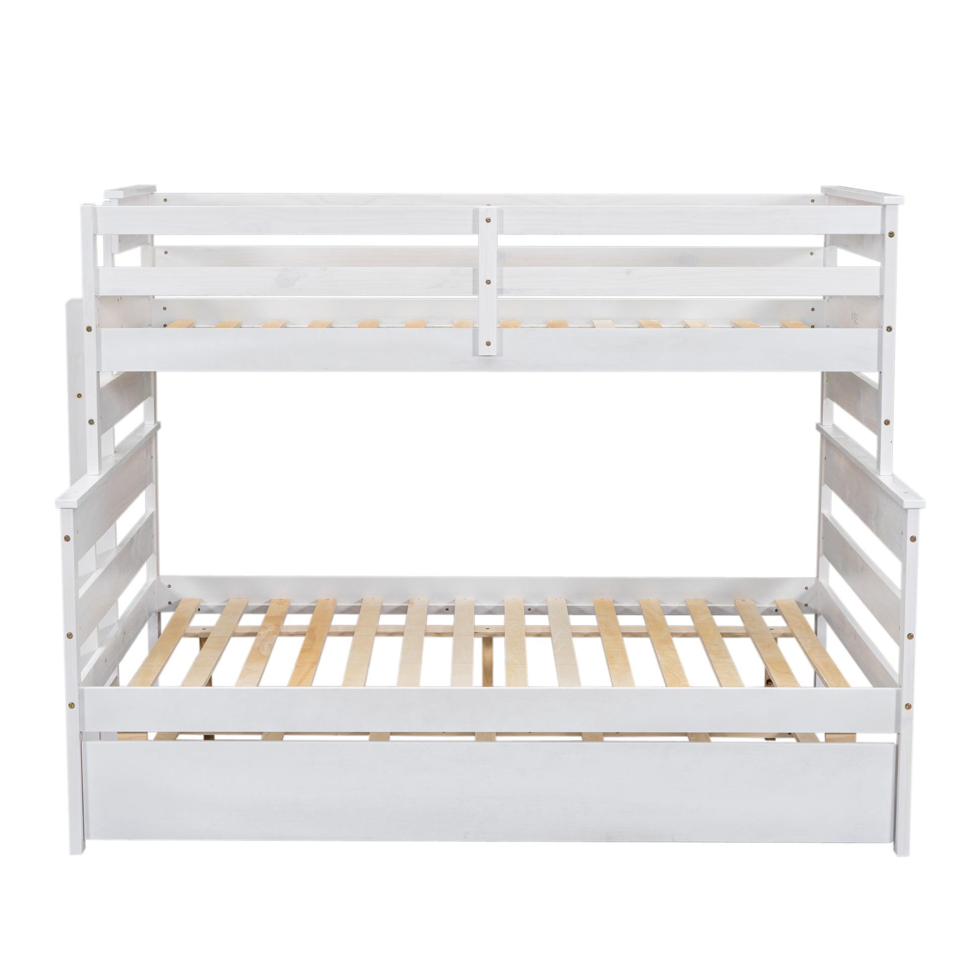 Wood Twin Over Full Bunk Bed With Twin Size Trundle, White Box Spring Not Required White Wood Bedroom Solid Wood Mdf