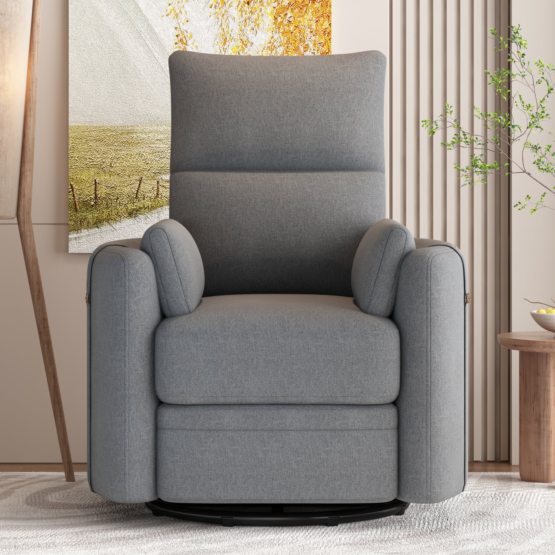 Upholstered Swivel Recliner Manual Rocker Recliner Chair Baby Nursery Chair With Two Removable Pillows For Living Room, Dark Grey Dark Grey Foam Linen