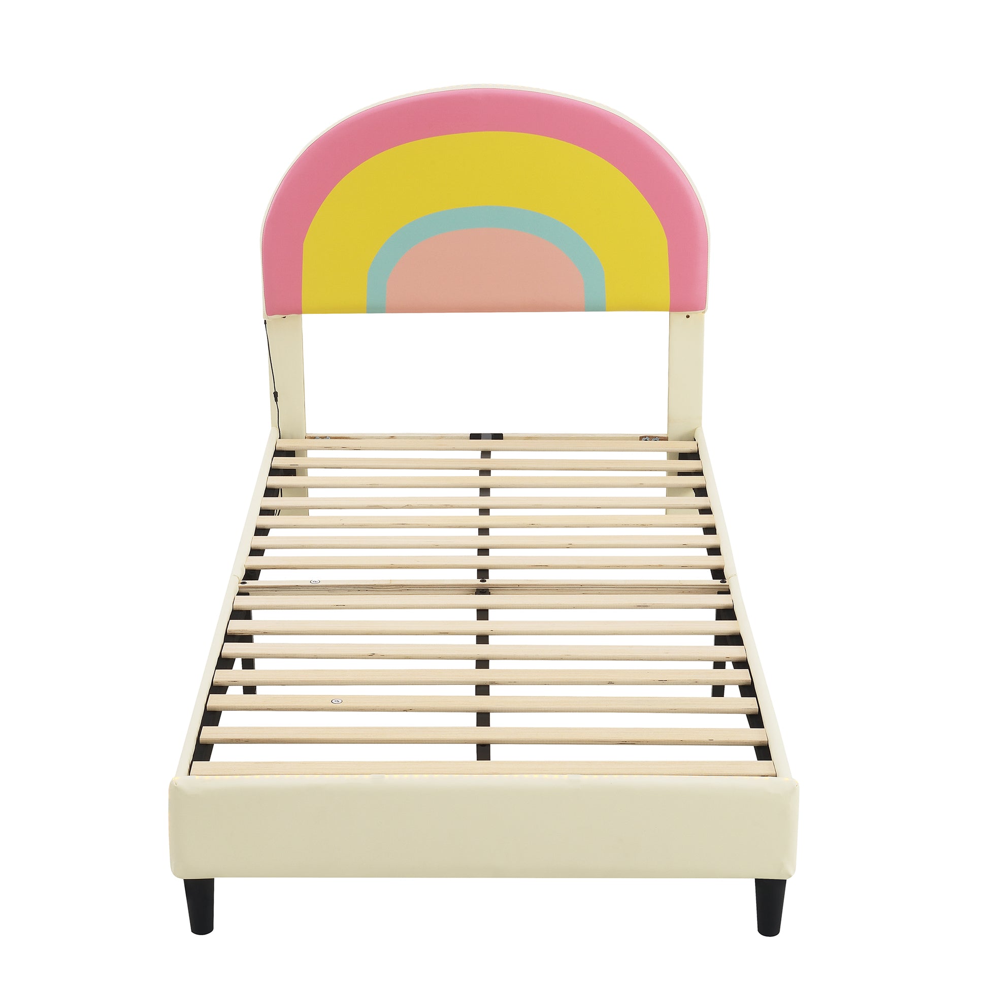 Twin Size Upholstered Platform Bed With Rainbow Shaped And Height Adjustbale Headboard,Led Light Strips,Beige Beige Upholstered