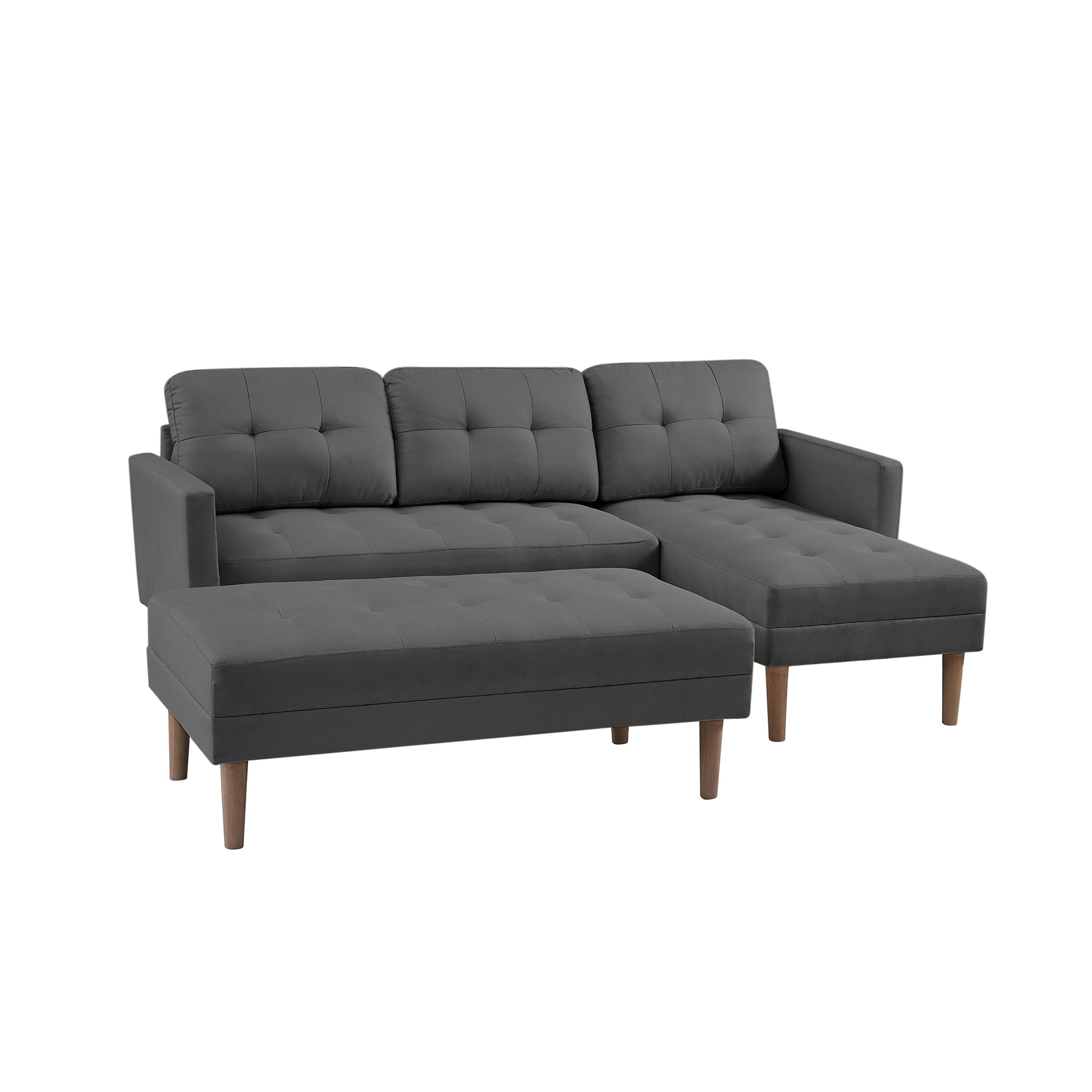 Grey Fabric Right Facing Sectional Sofa Bedl Shape Sofa Chaise Lounge With Ottoman Bench Grey Wood Tufted Back Square Arms Foam Fabric 3 Seat
