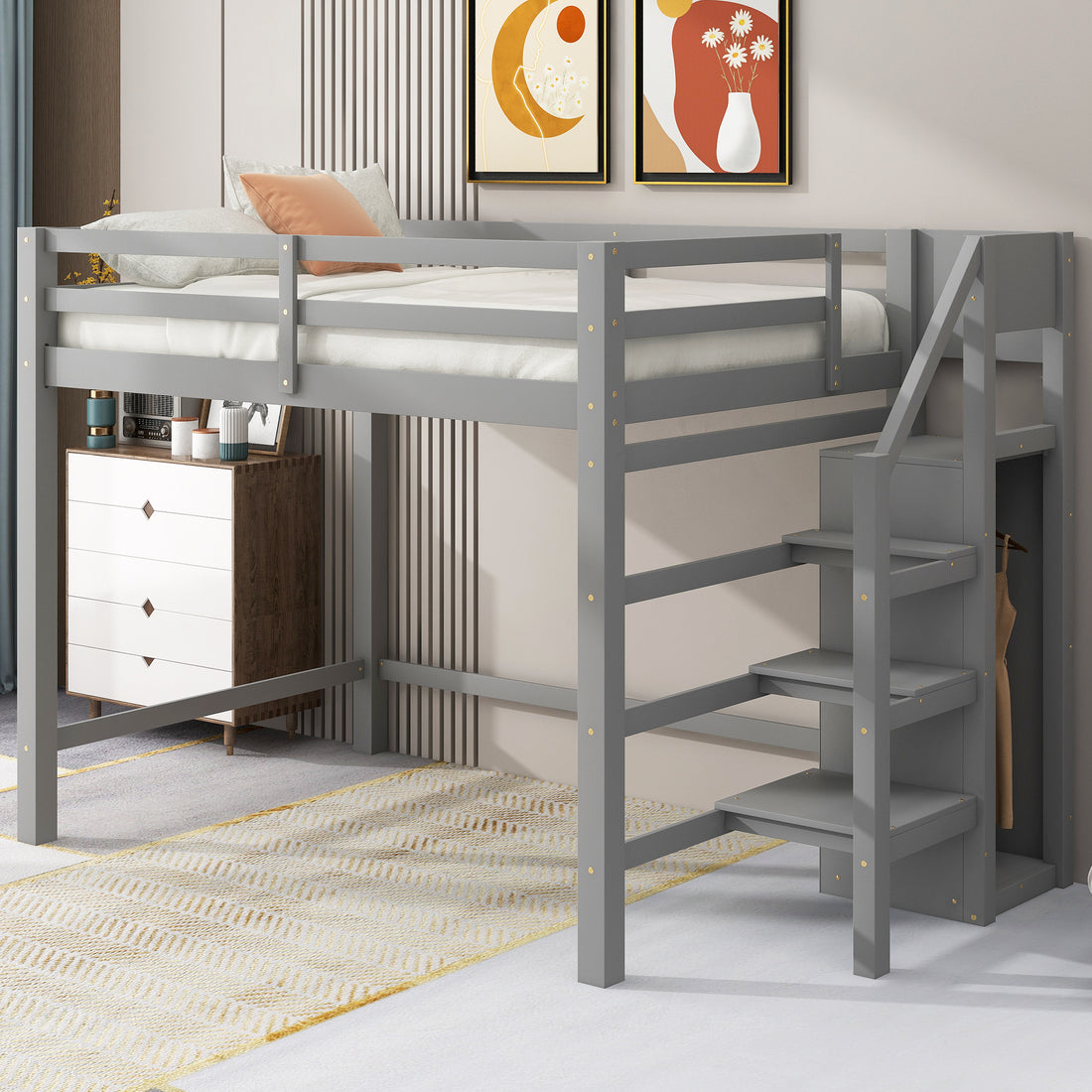 Full Size Loft Bed With Built In Storage Wardrobe And Staircase, Gray Box Spring Not Required Full Gray Wood Bedroom Pine