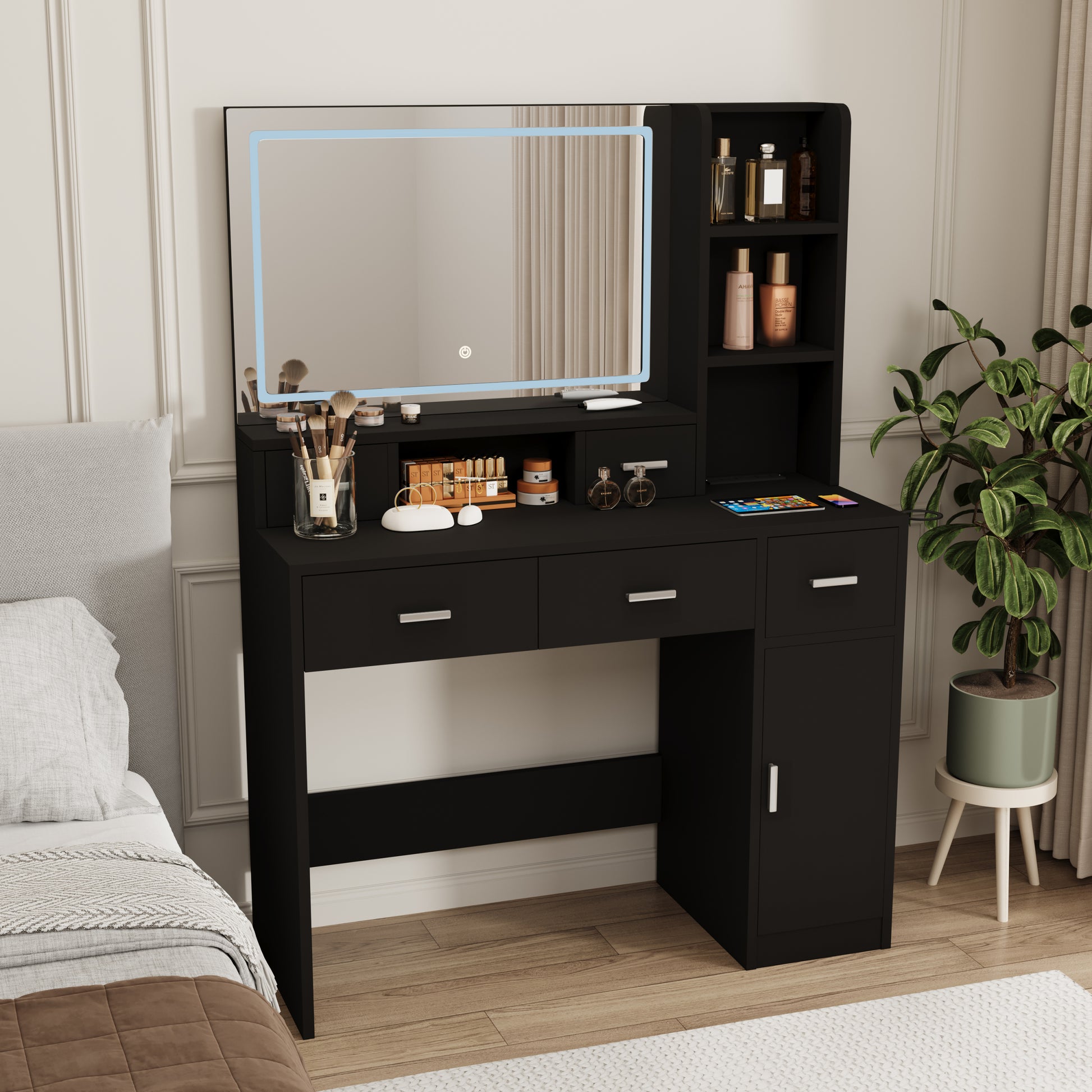 Newly Designed Smart Mirror Dressing Table With Drawers And Storage Cabinet, Dressing Table With Dressing Pad For Bedroom, Dressing Room Black Bedroom American Design,American Traditional,Classic,Coastal Mdf Glass