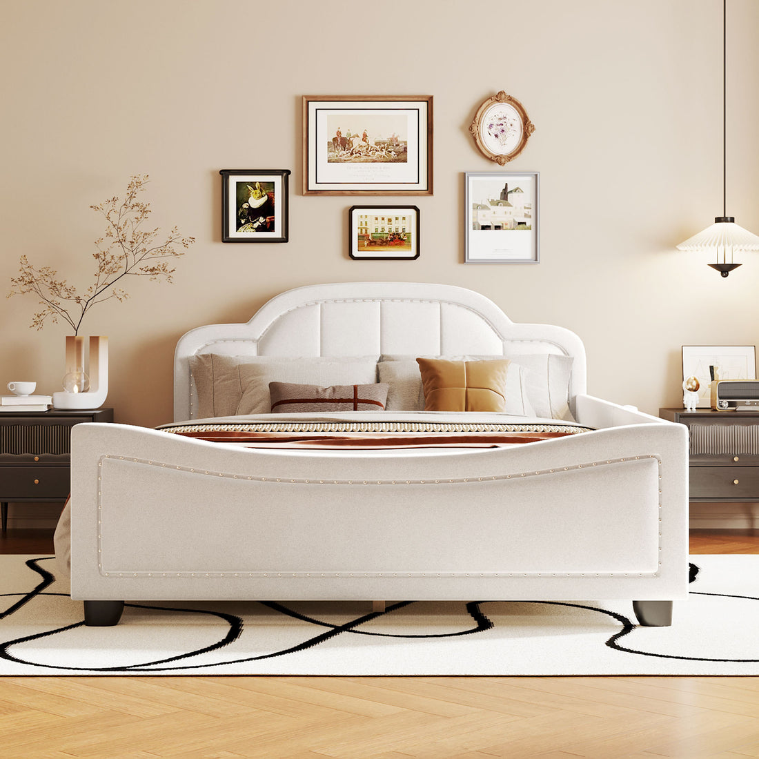 Full Size Upholstered Daybed With Cloud Shaped Headboard, Embedded Elegant Copper Nail Design, Beige Beige Velvet