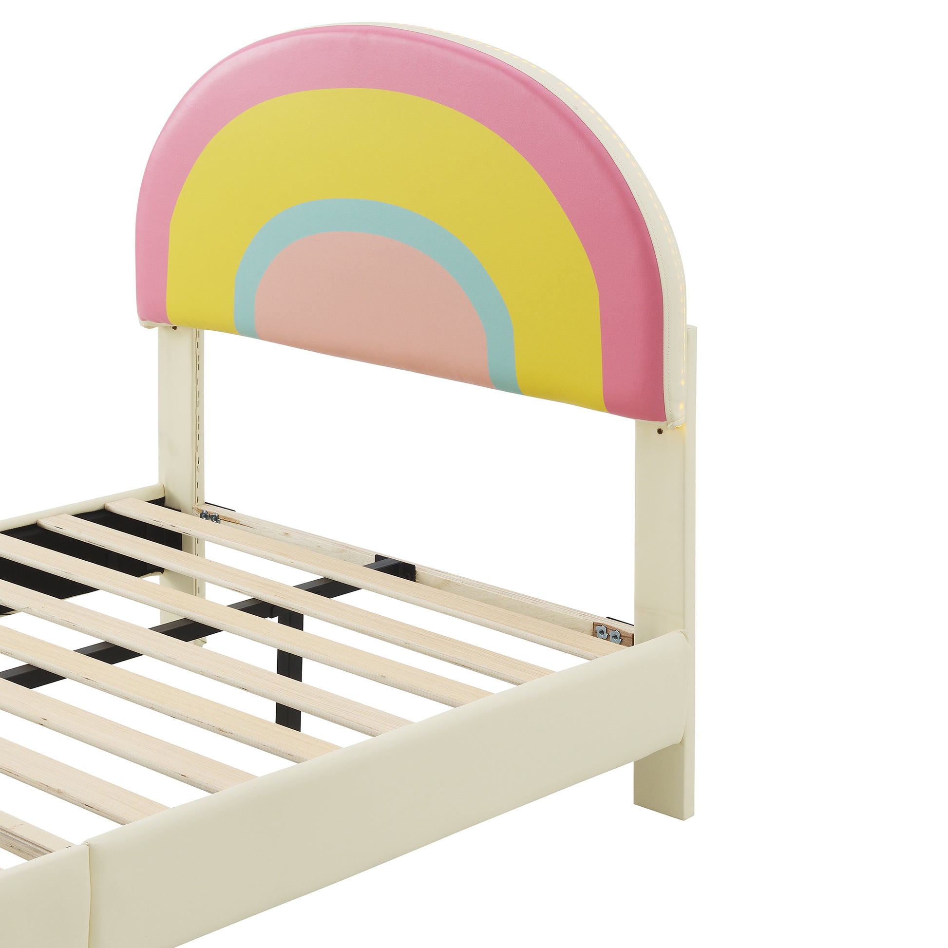 Twin Size Upholstered Platform Bed With Rainbow Shaped And Height Adjustbale Headboard,Led Light Strips,Beige Beige Upholstered