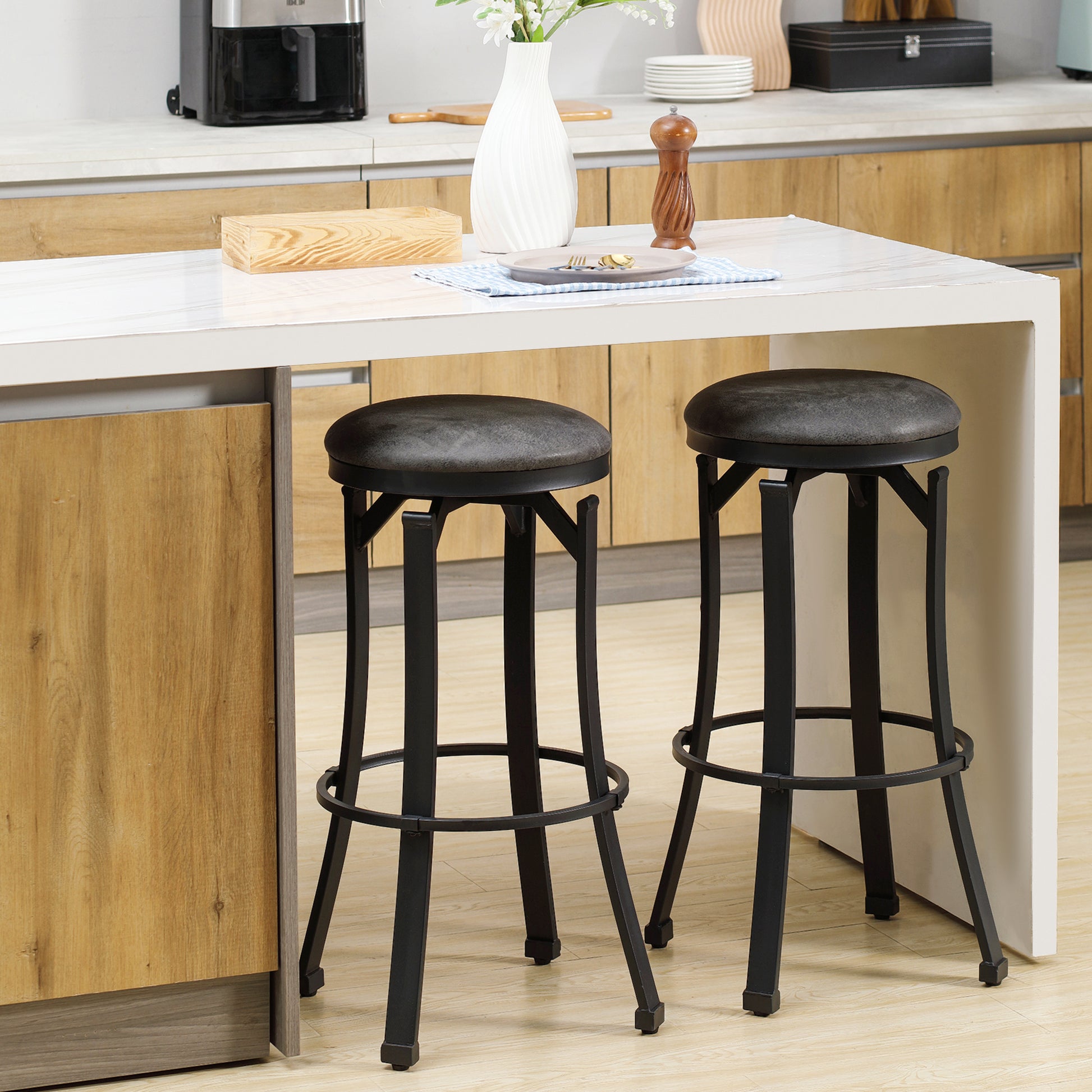 Bar Stools Set Of 2, Vintage Barstools With Footrest And Microfiber Cloth, 29 Inch Bar Height Stool With Powder Coated Steel Legs For Kitchen And Dining Room, Dark Grey Gray Microfiber