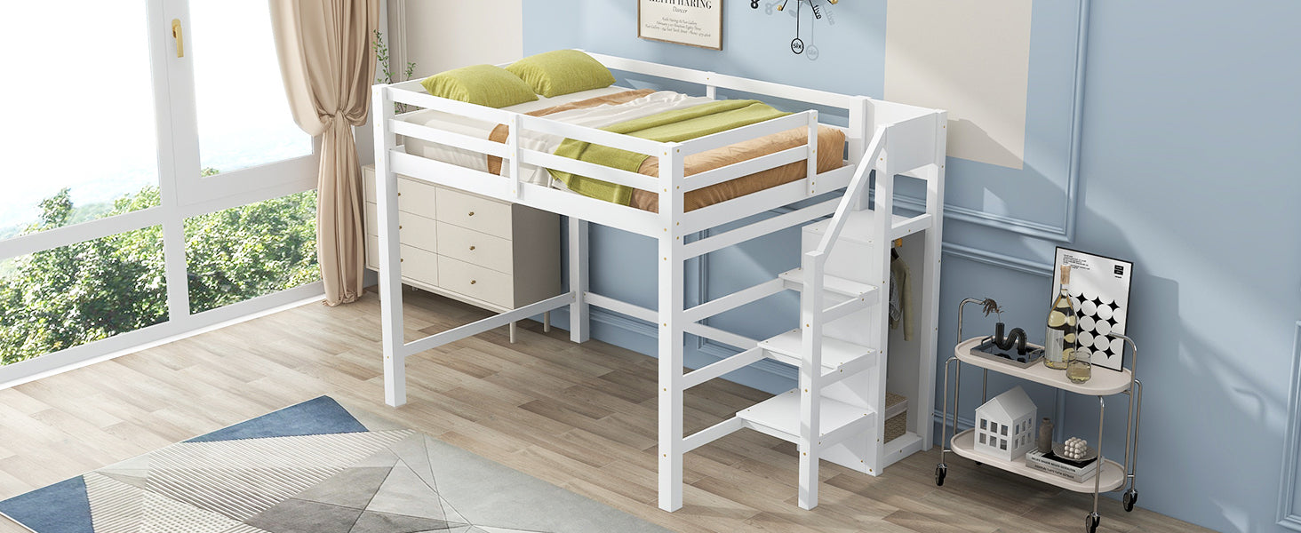 Full Size Loft Bed With Built In Storage Wardrobe And Staircase, White Old Sku:Sm000527Aak Box Spring Not Required Full White Wood Bedroom Pine