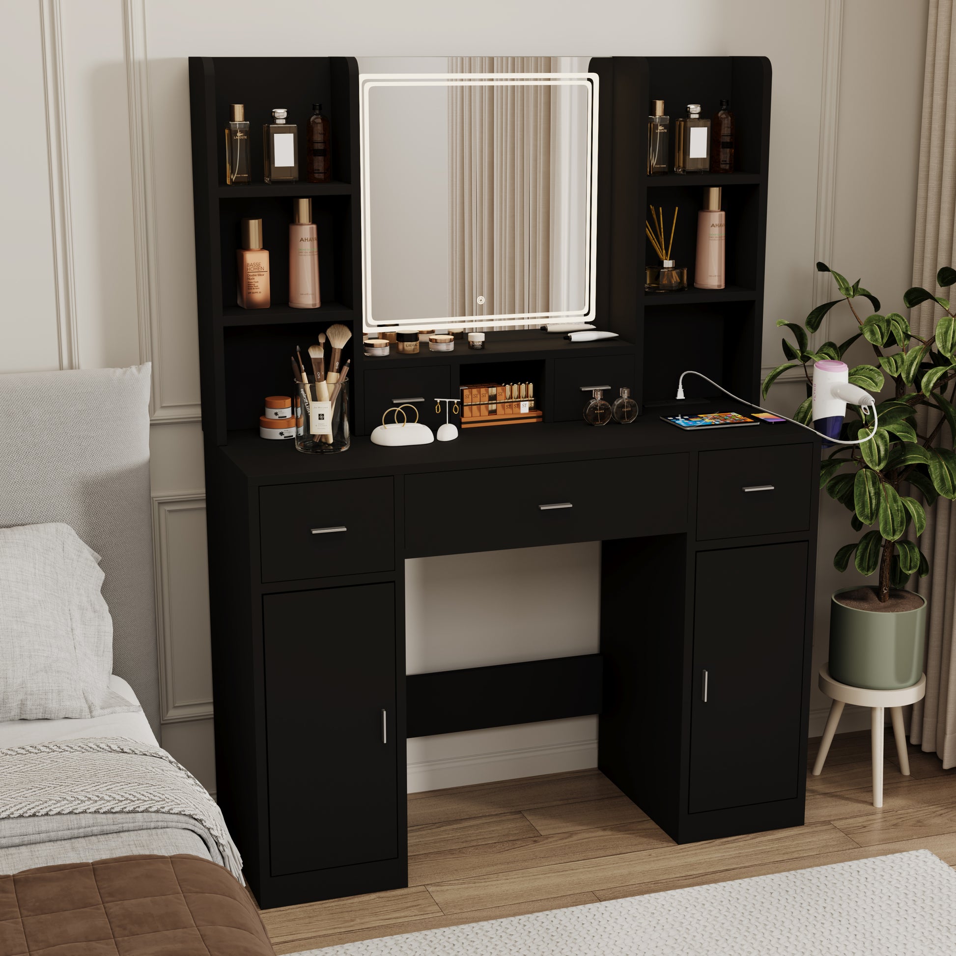 Newly Designed Smart Mirror Dressing Table With Drawers And Storage Cabinet, Dressing Table With Dressing Pad For Bedroom, Dressing Room Black Bedroom American Design Mdf Glass