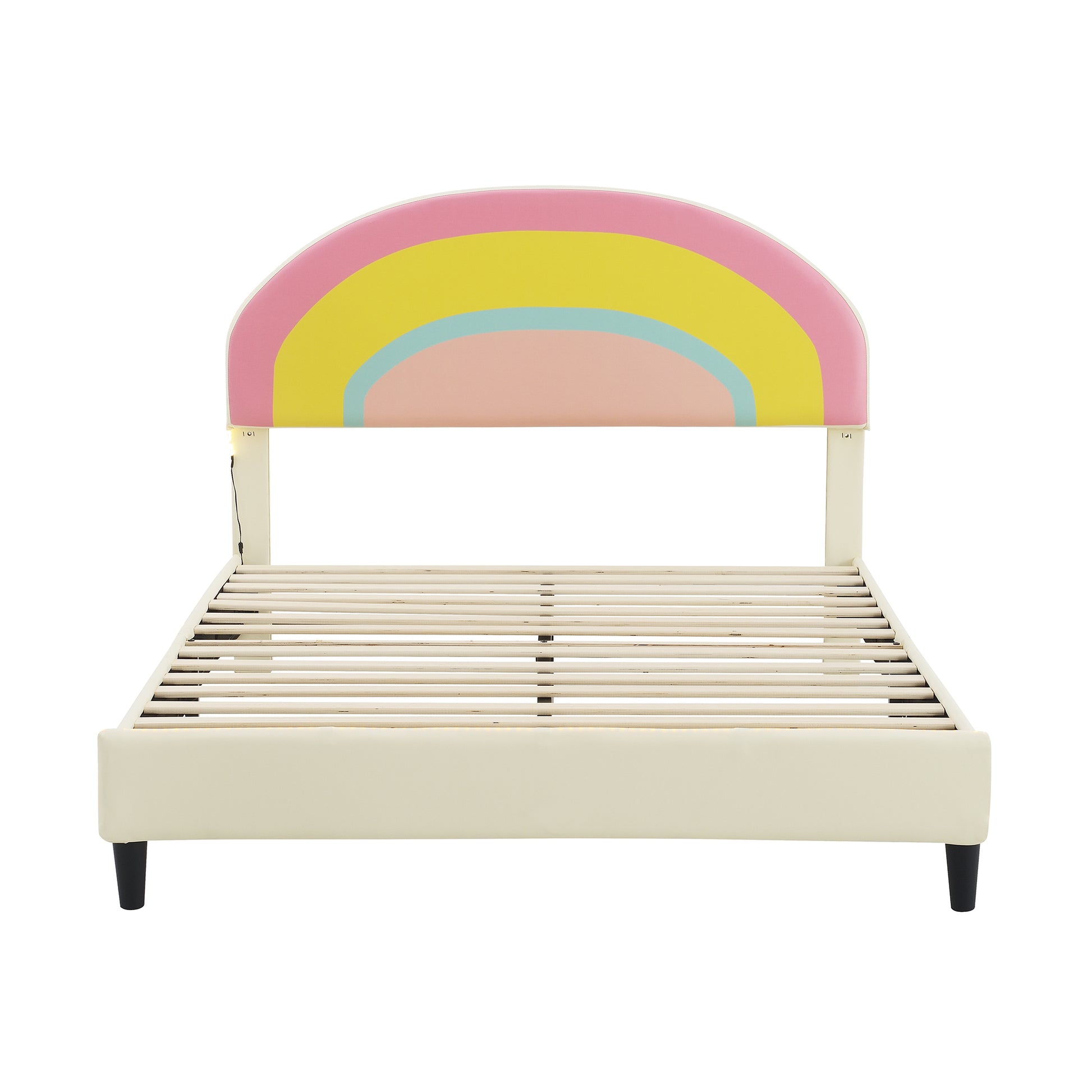 Full Size Upholstered Platform Bed With Rainbow Shaped And Height Adjustbale Headboard,Led Light Strips,Beige Beige Upholstered