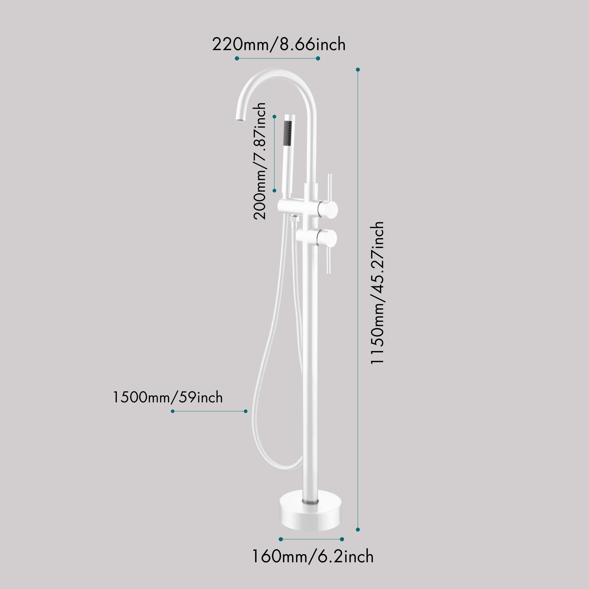 Floor Mount Bathtub Faucet Freestanding Tub Filler Standing High Flow Shower Faucets Shower Mixer Taps Swivel Gooseneck Spout With Cylinder Handheld White Stainless Steel