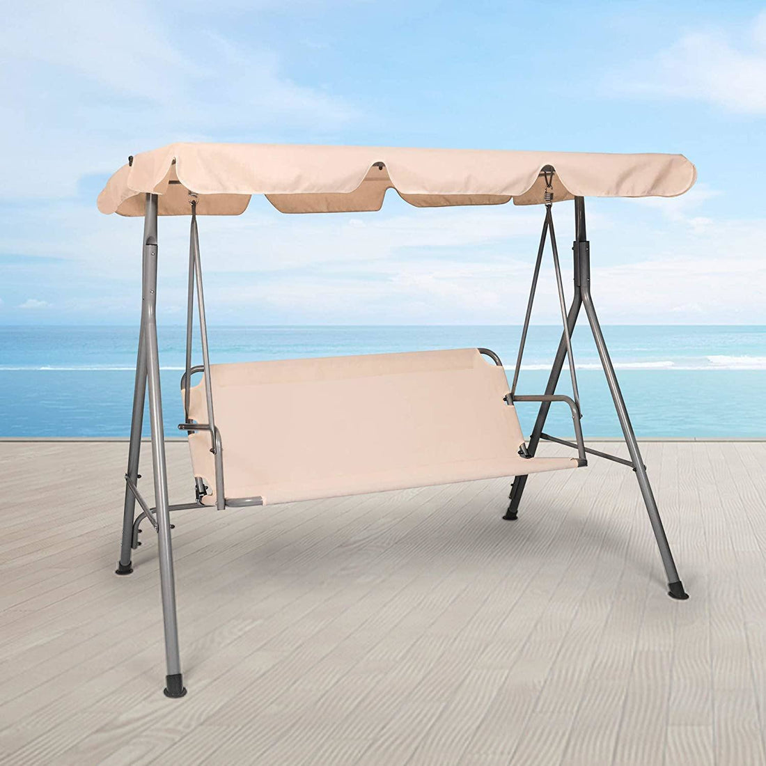 Outdoor Porch Patio Swing Chair With Stand And Waterproof Canopy All Weather Resistant Swing Bench Beige Metal