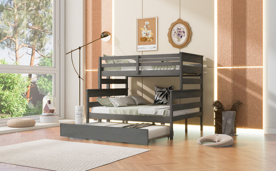 Wood Twin Over Full Bunk Bed With Twin Size Trundle, Gray Box Spring Not Required Gray Wood Bedroom Solid Wood Mdf