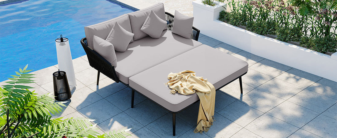 Outdoor Patio Daybed, Woven Nylon Rope Backrest With Washable Cushions For Balcony, Poolside, Set For 2 Person, Gray Yes Complete Patio Set Black Gray Weather Resistant Frame Stain Resistant Cushions Garden & Outdoor Casual Complete Patio Sets Foam Pvc