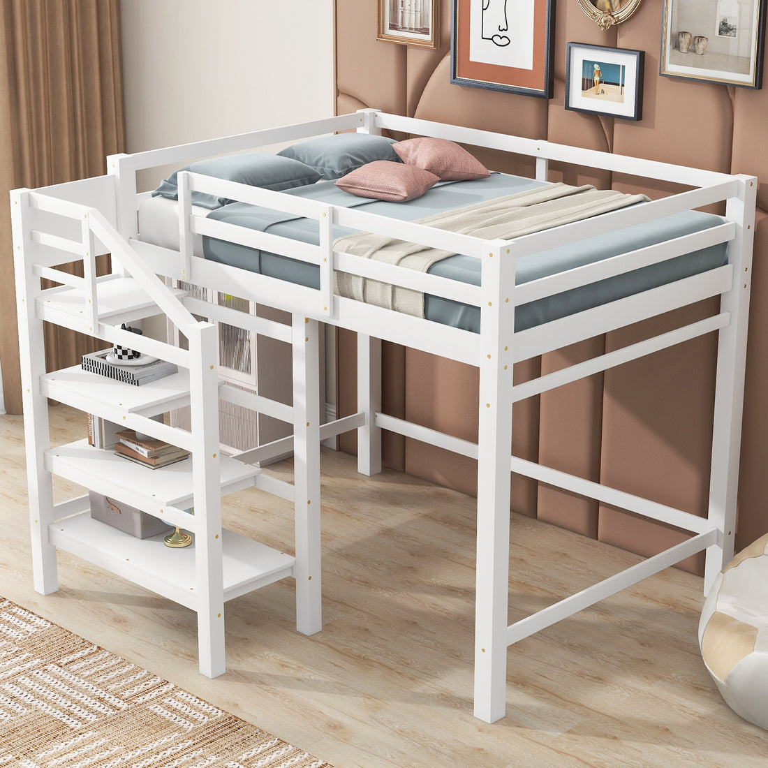 Full Size Loft Bed With Built In Storage Staircase And Hanger For Clothes, White Box Spring Not Required Full White Wood Bedroom Pine